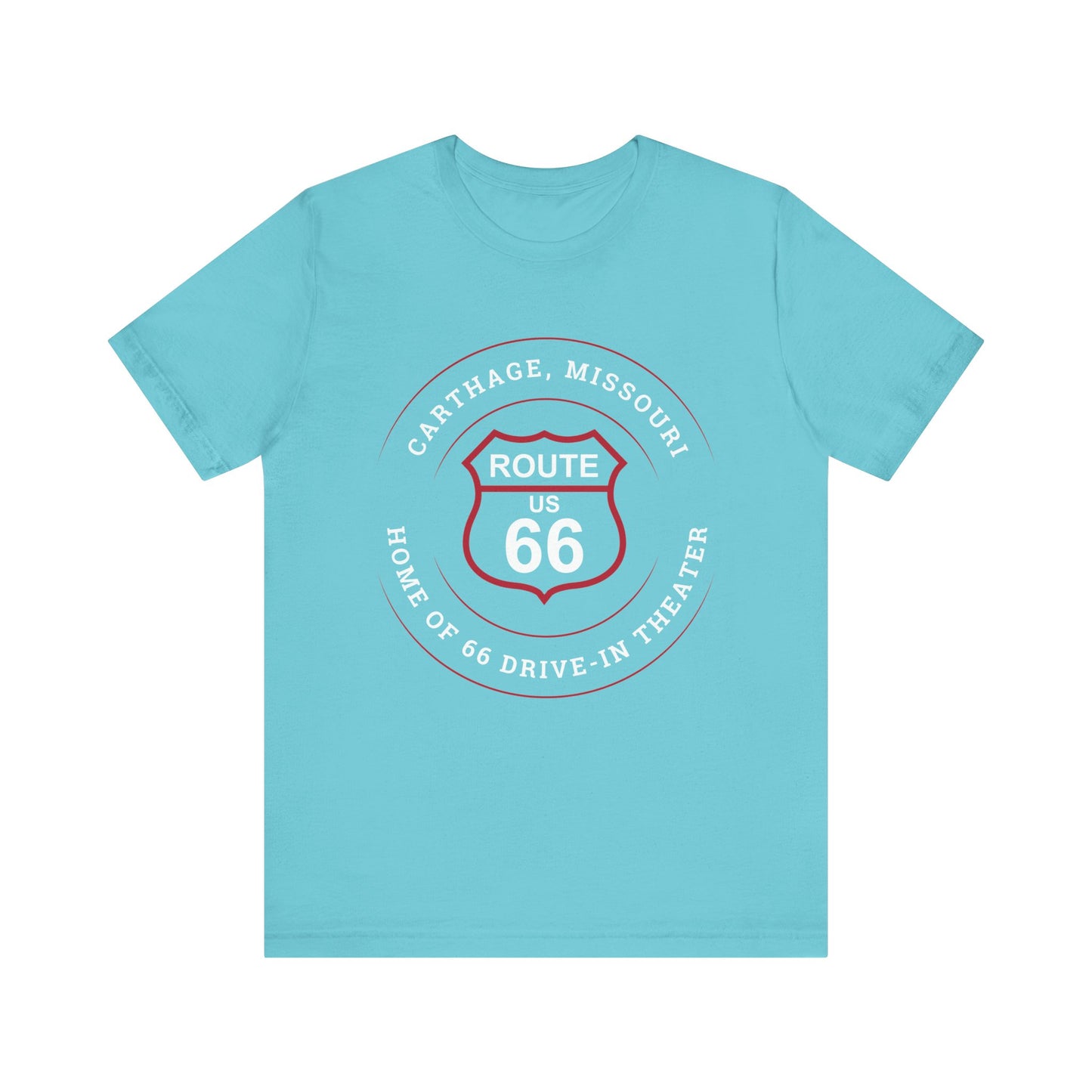 Turquoise retro Route 66 unisex jersey tee with Carthage, MO "Home of 66 Drive-in Theater" design