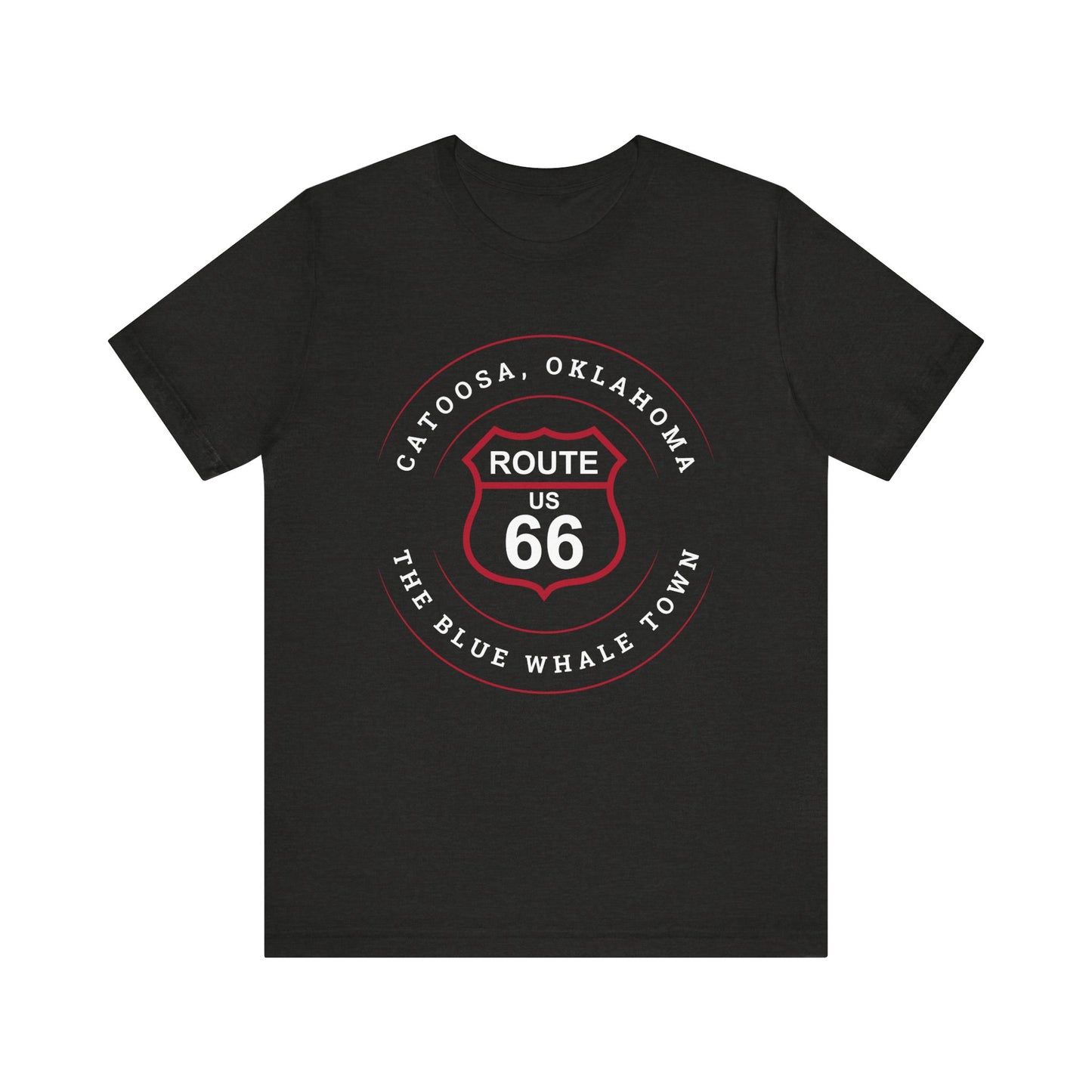 Black heather retro Route 66 unisex jersey tee with Catoosa, OK "The Blue Whale Town" design