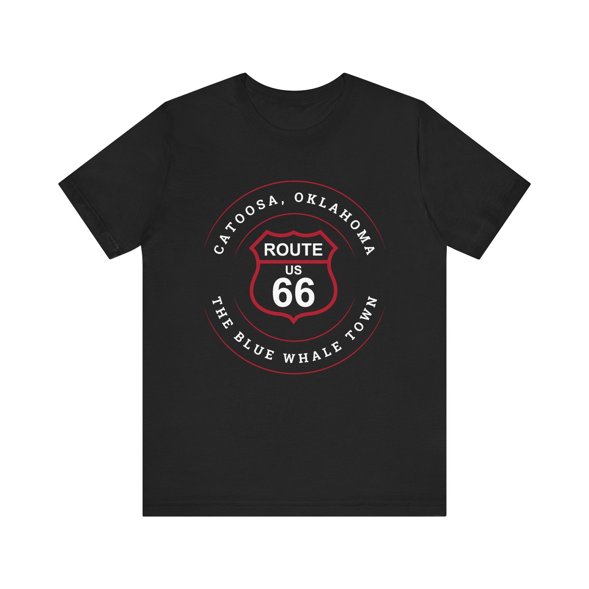 Black retro Route 66 unisex jersey tee with Catoosa, OK "The Blue Whale Town" design