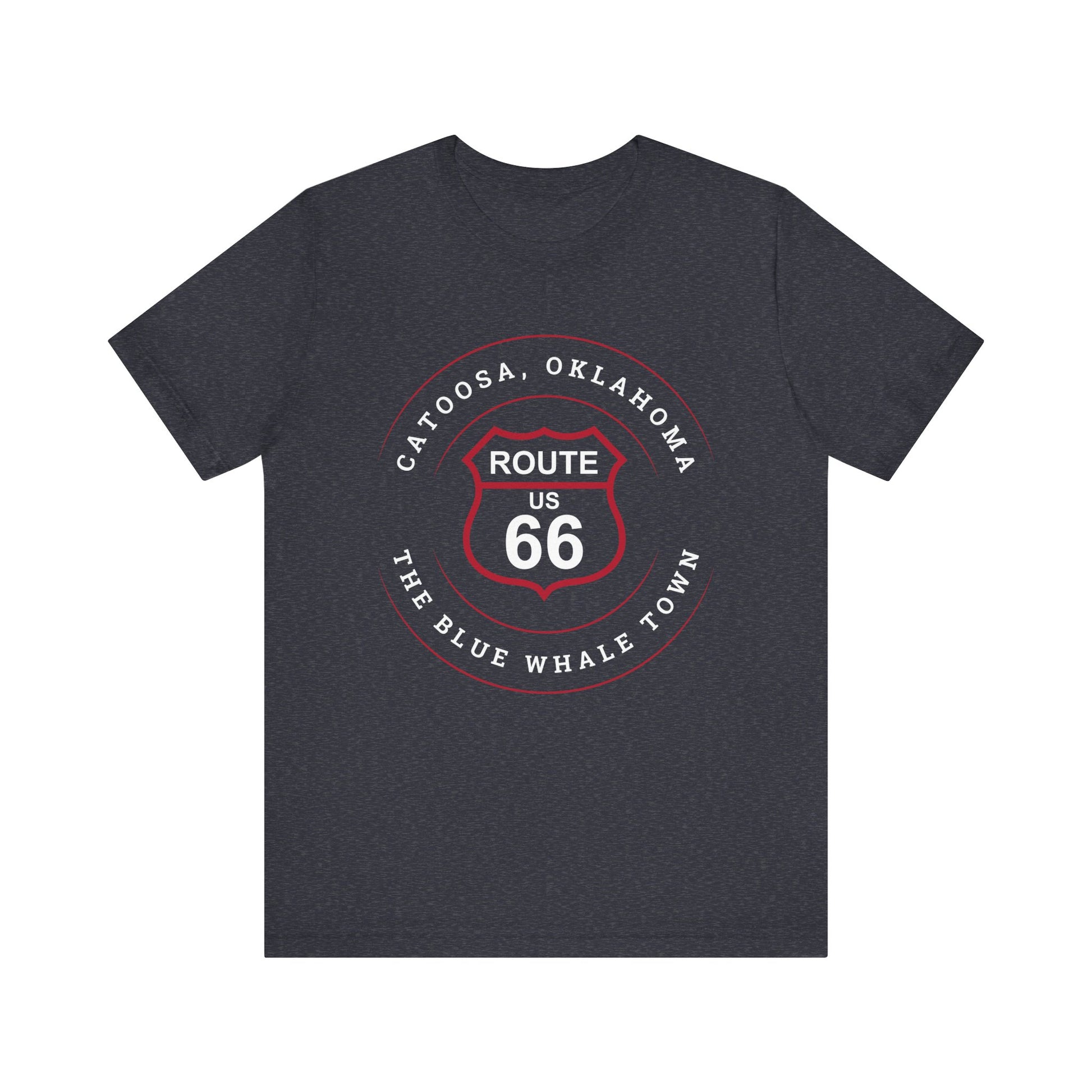Heather navy retro Route 66 unisex jersey tee with Catoosa, OK "The Blue Whale Town" design