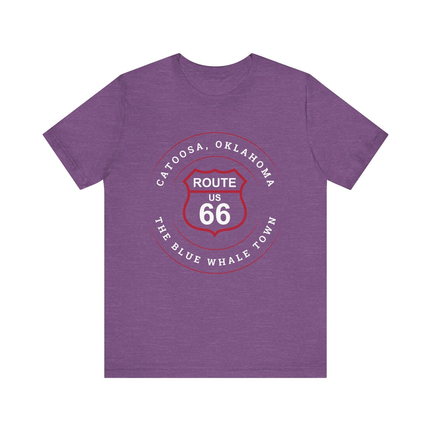Heather team purple retro Route 66 unisex jersey tee with Catoosa, OK "The Blue Whale Town" design