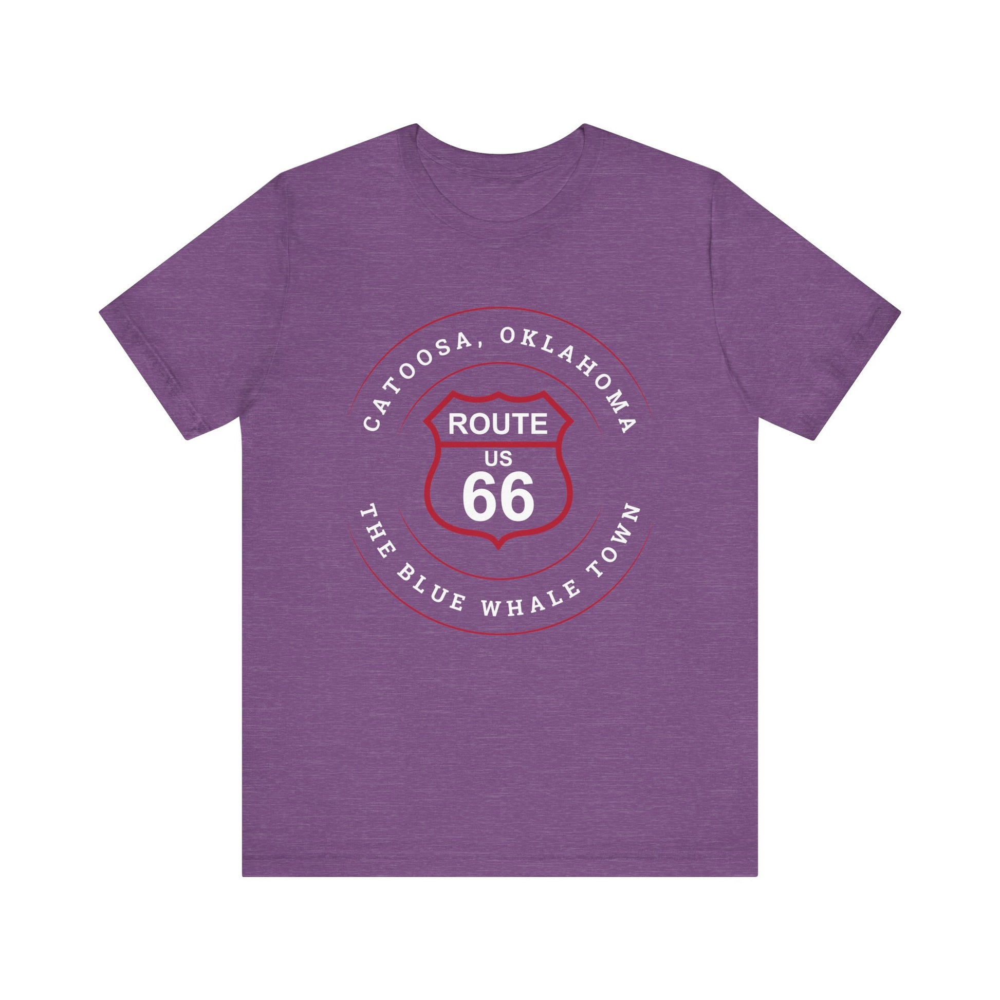 Heather team purple retro Route 66 unisex jersey tee with Catoosa, OK "The Blue Whale Town" design
