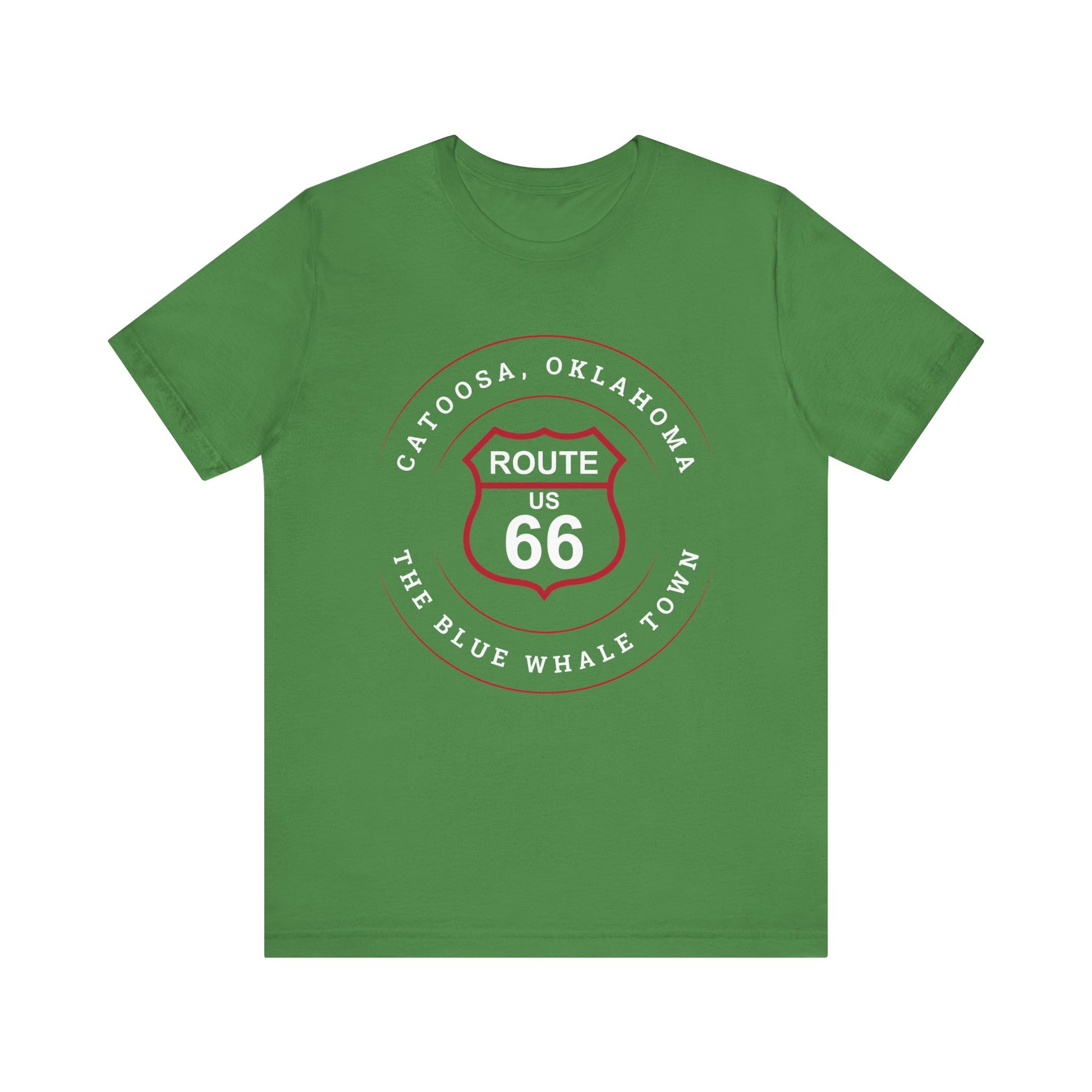 Leaf retro Route 66 unisex jersey tee with Catoosa, OK "The Blue Whale Town" design