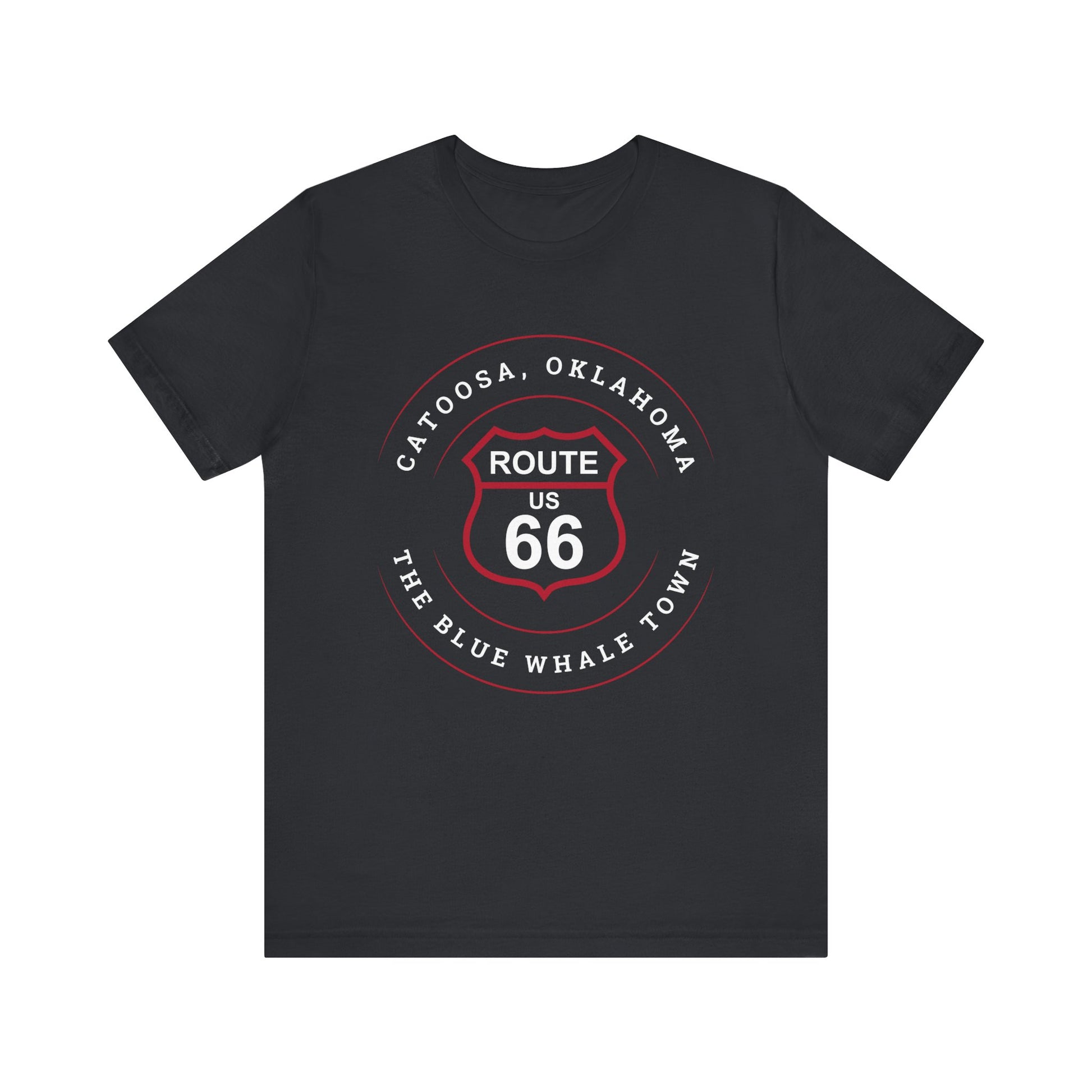 Vintage black retro Route 66 unisex jersey tee with Catoosa, OK "The Blue Whale Town" design