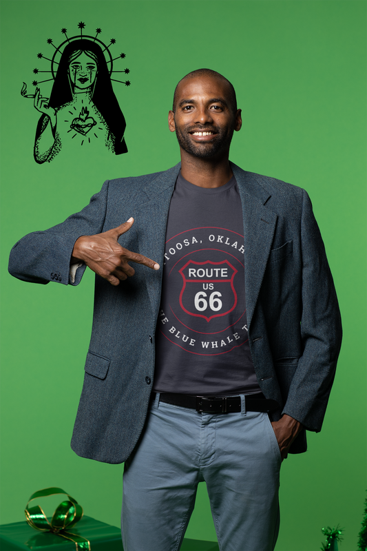 Male model wearing vintage black retro Route 66 unisex jersey tee with Catoosa, OK "The Blue Whale Town" design