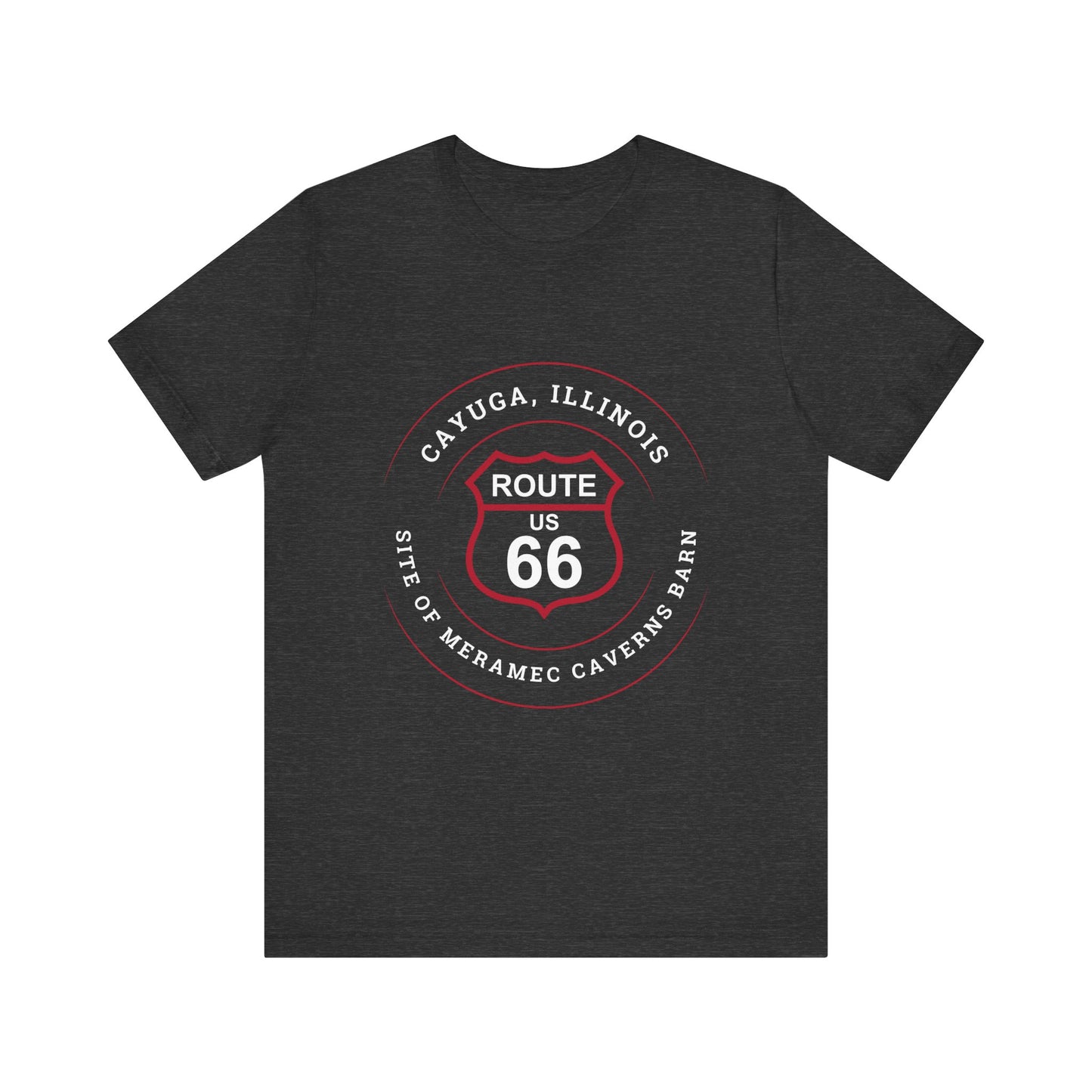 Dark grey heather retro Route 66 unisex jersey tee with Cayuga, IL: "Site of Meramec Caverns Barn" design