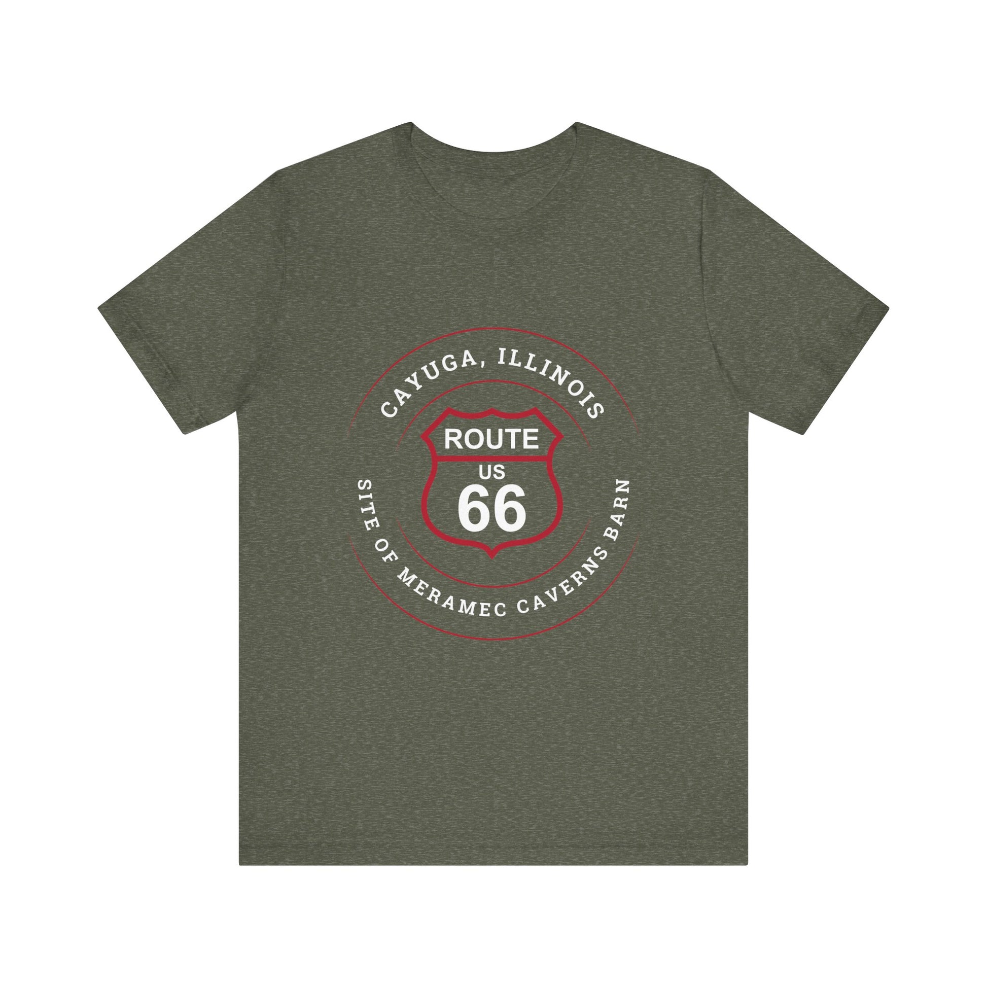 Heather military green retro Route 66 unisex jersey tee with Cayuga, IL: "Site of Meramec Caverns Barn" design