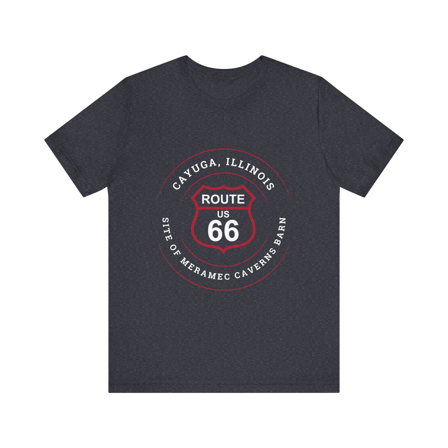 Heather navy retro Route 66 unisex jersey tee with Cayuga, IL: "Site of Meramec Caverns Barn" design