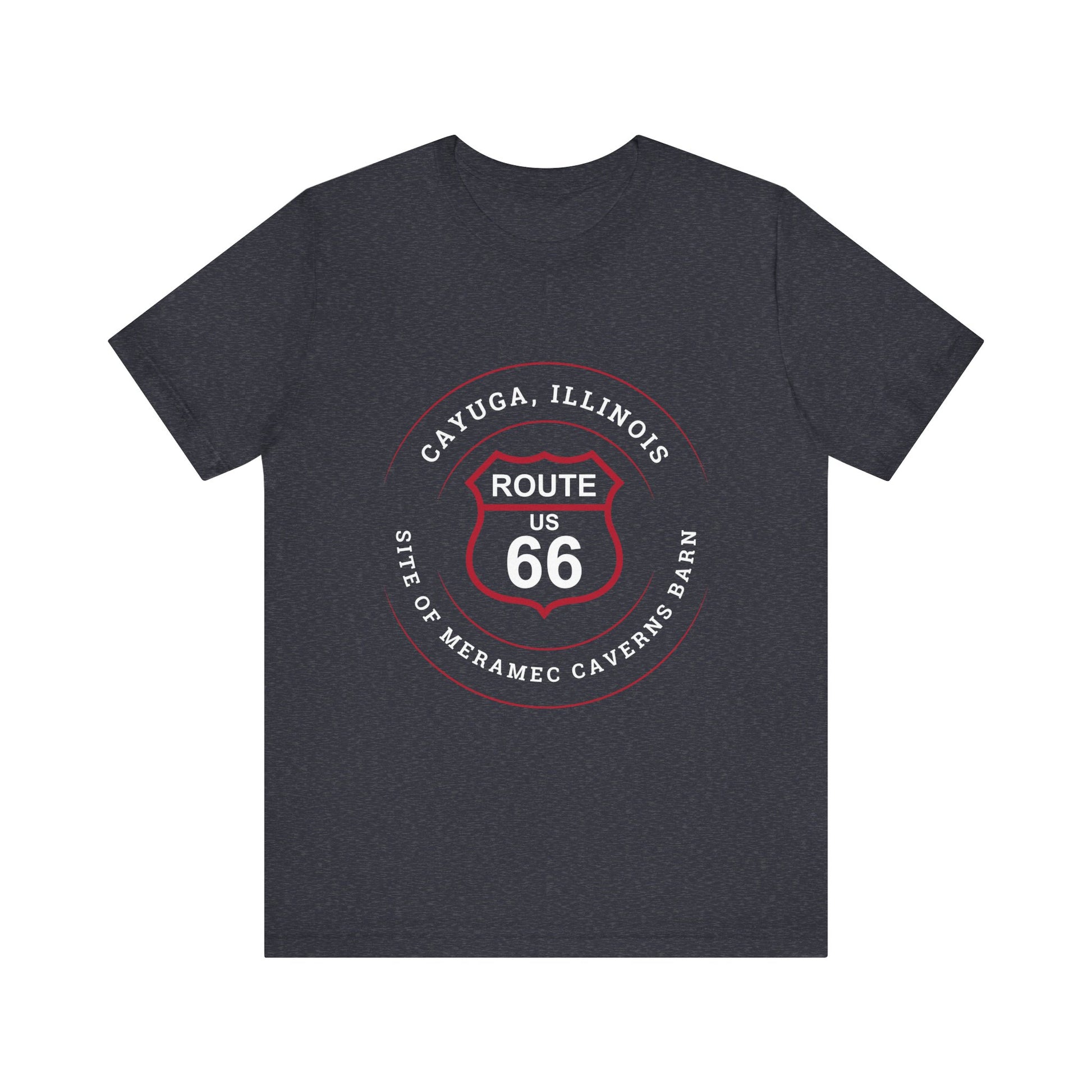 Heather navy retro Route 66 unisex jersey tee with Cayuga, IL: "Site of Meramec Caverns Barn" design