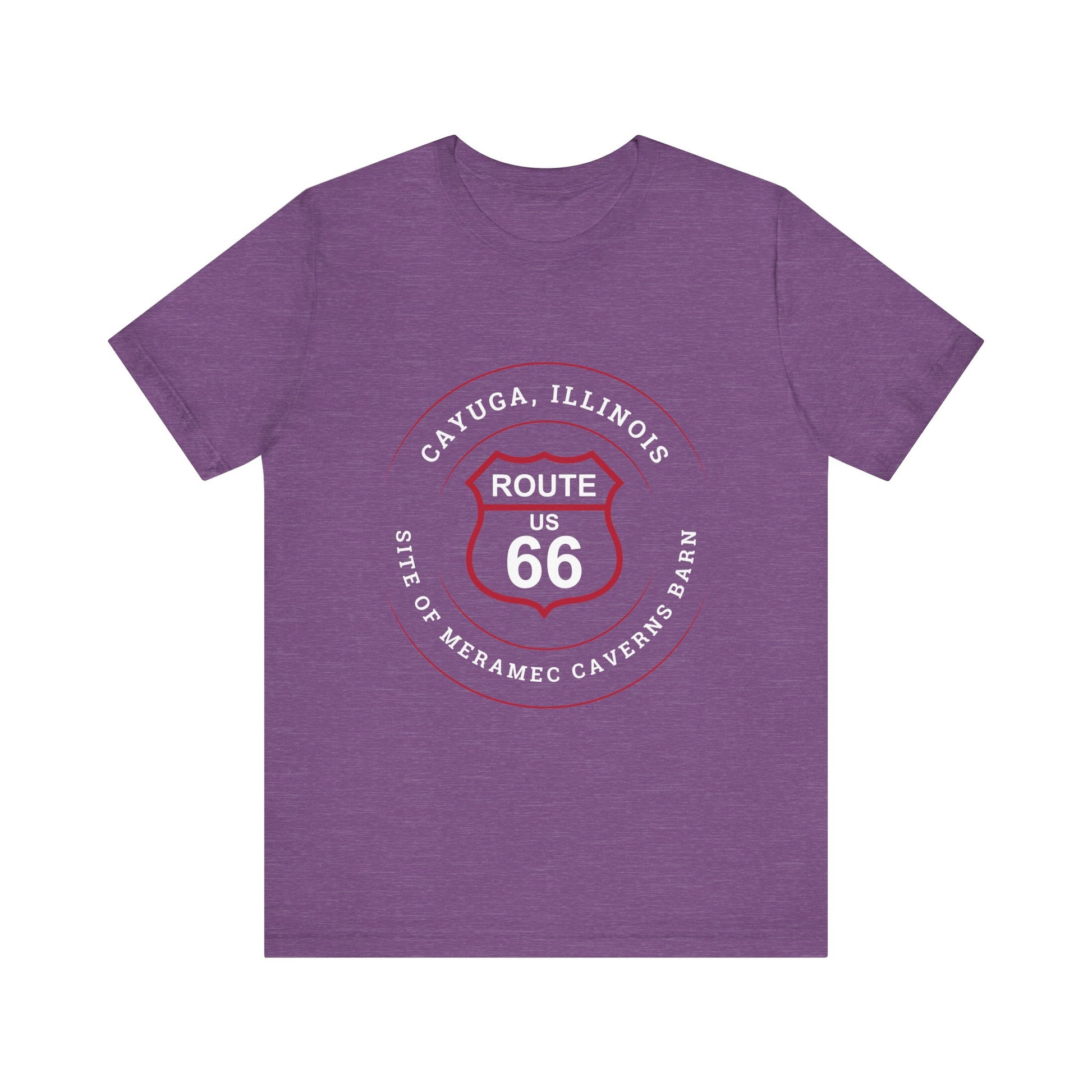 Heather team purple retro Route 66 unisex jersey tee with Cayuga, IL: "Site of Meramec Caverns Barn" design