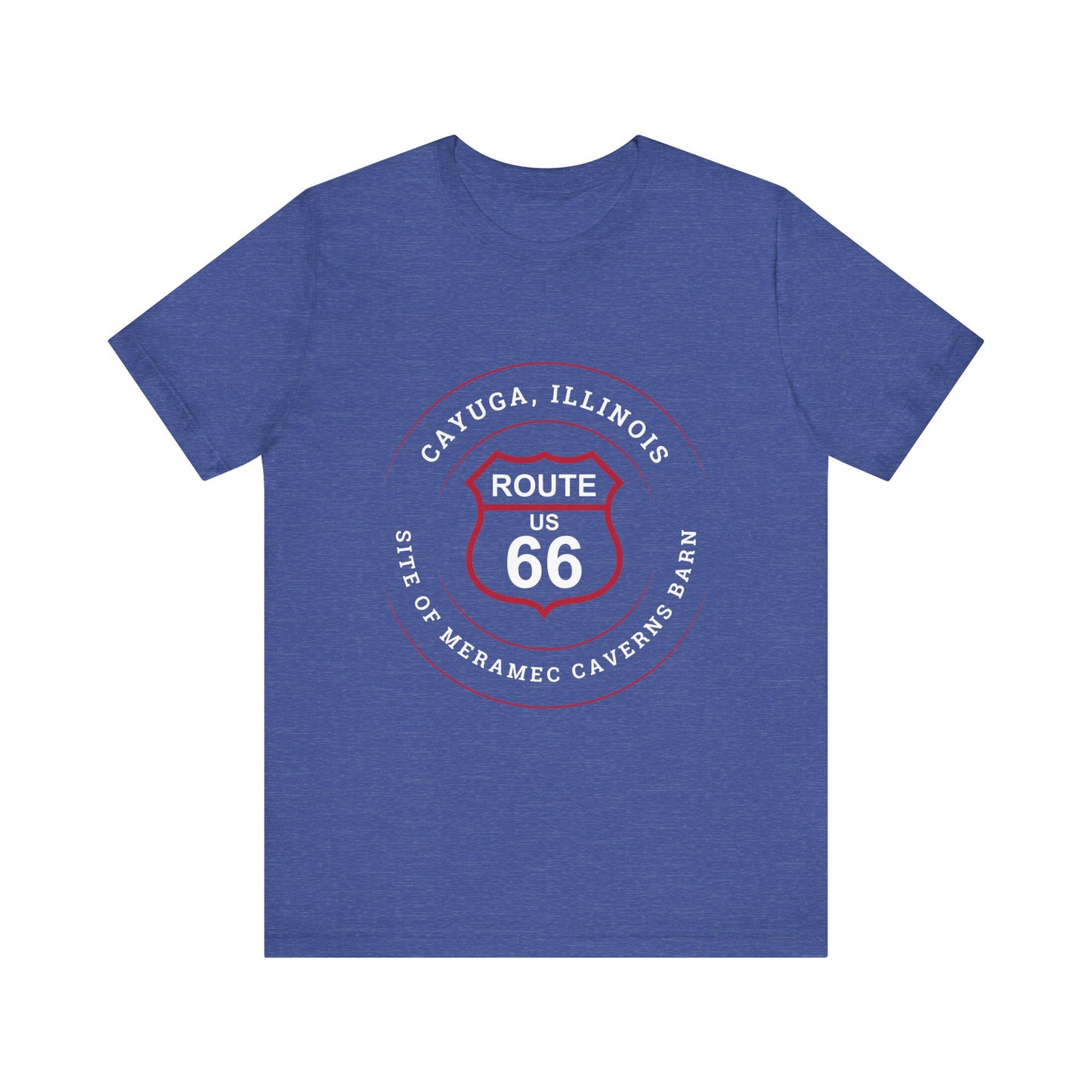 Heather true royal retro Route 66 unisex jersey tee with Cayuga, IL: "Site of Meramec Caverns Barn" design