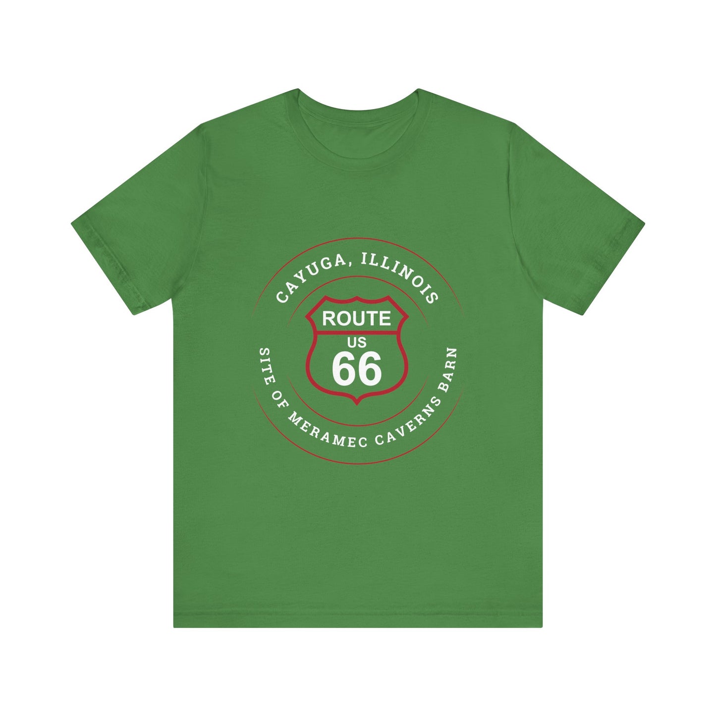 Leaf retro Route 66 unisex jersey tee with Cayuga, IL: "Site of Meramec Caverns Barn" design