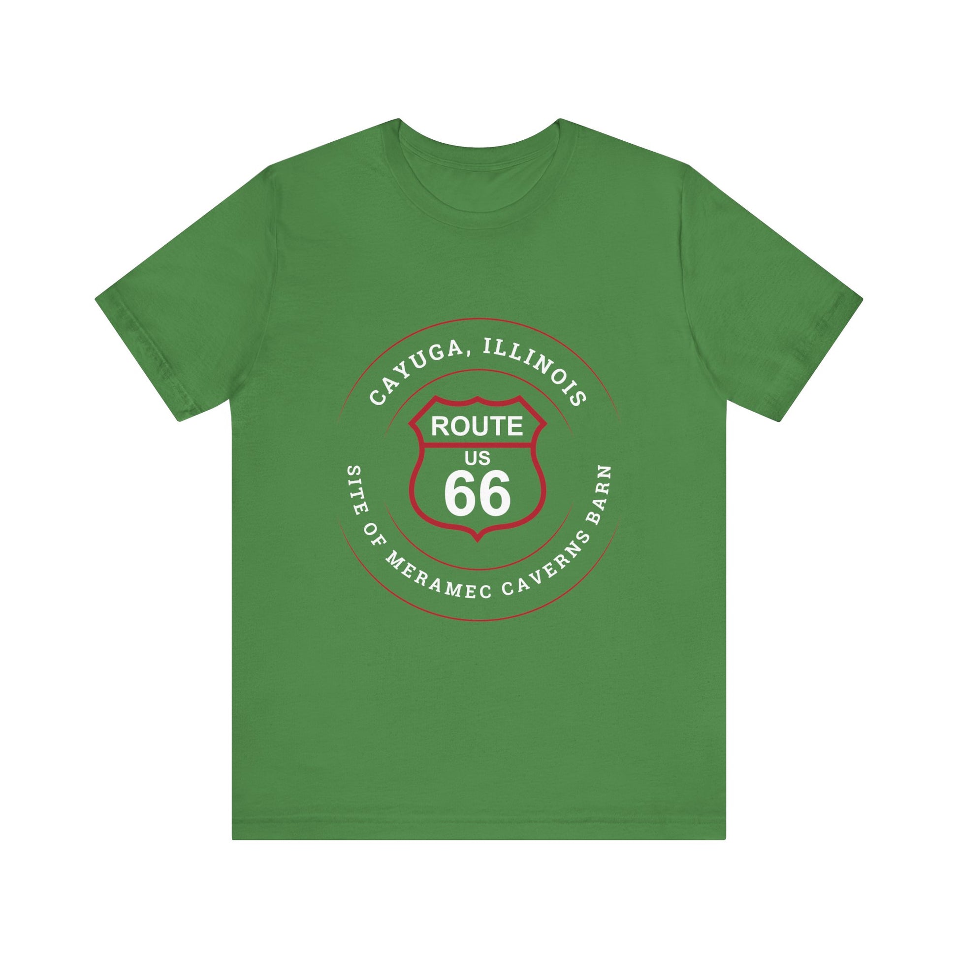 Leaf retro Route 66 unisex jersey tee with Cayuga, IL: "Site of Meramec Caverns Barn" design