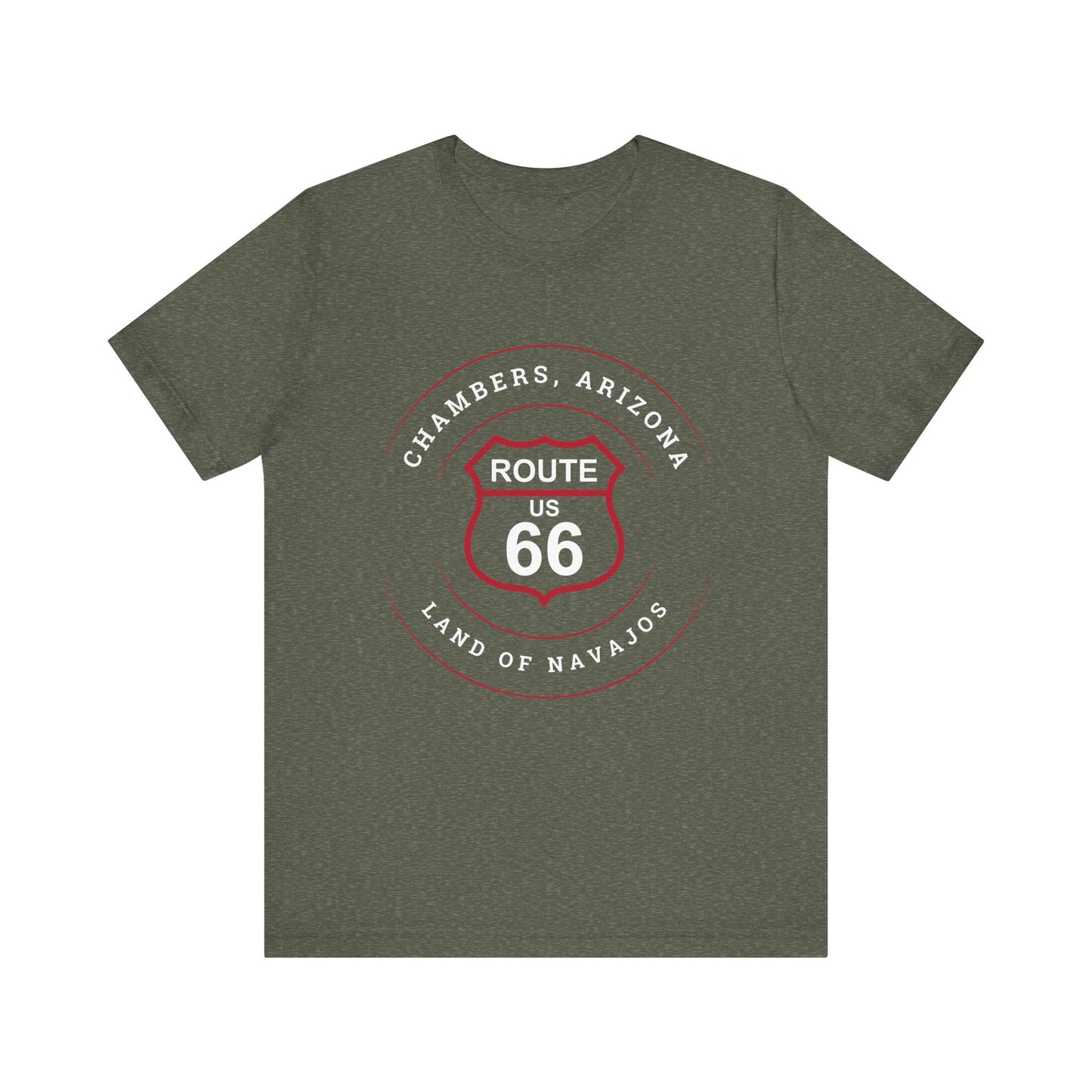 Heather military green retro Route 66 unisex jersey tee with Chambers, AZ: "Land Of Navajos" design