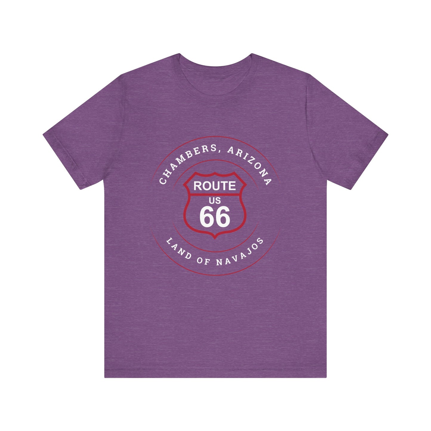 Heather team purple retro Route 66 unisex jersey tee with Chambers, AZ: "Land Of Navajos" design