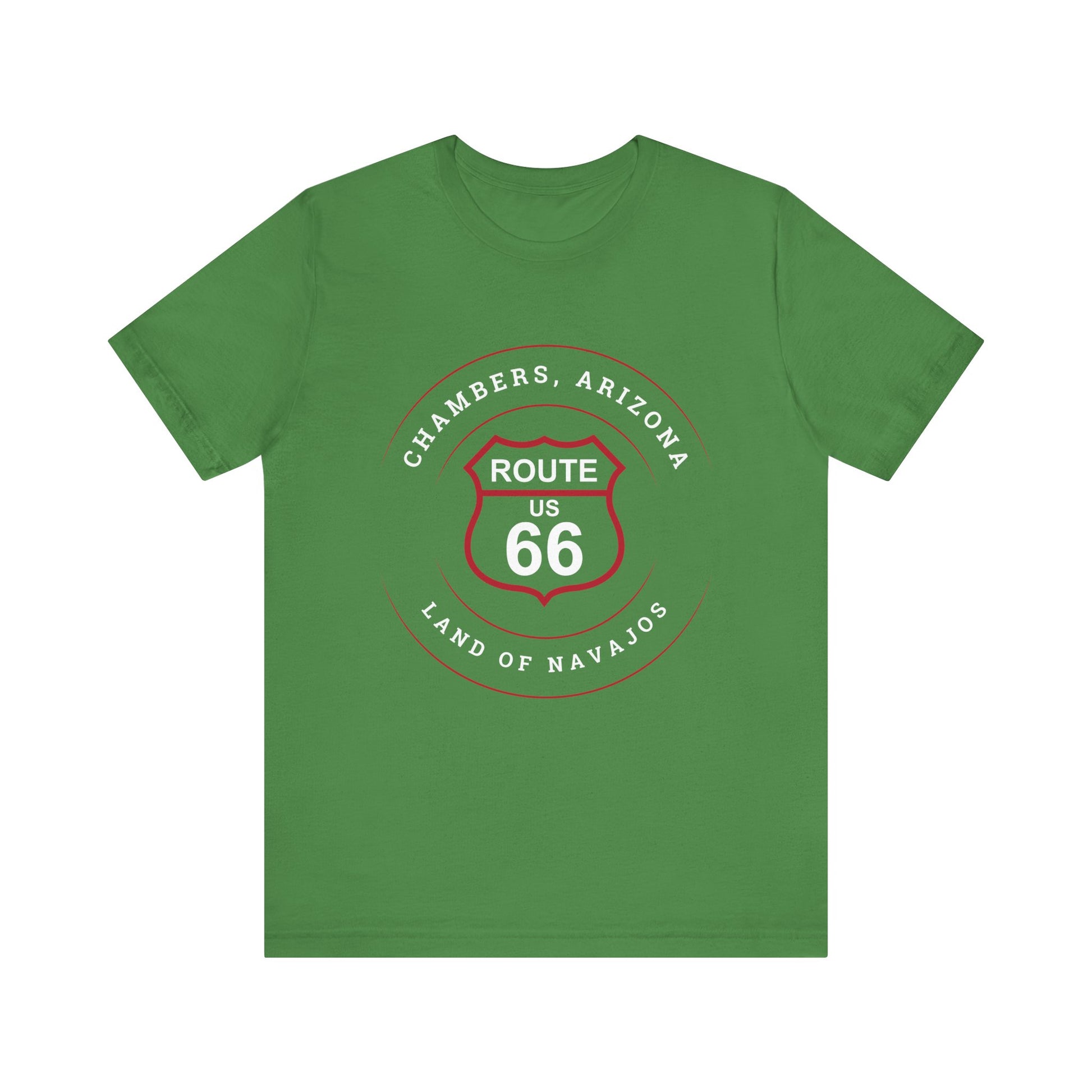Leaf retro Route 66 unisex jersey tee with Chambers, AZ: "Land Of Navajos" design