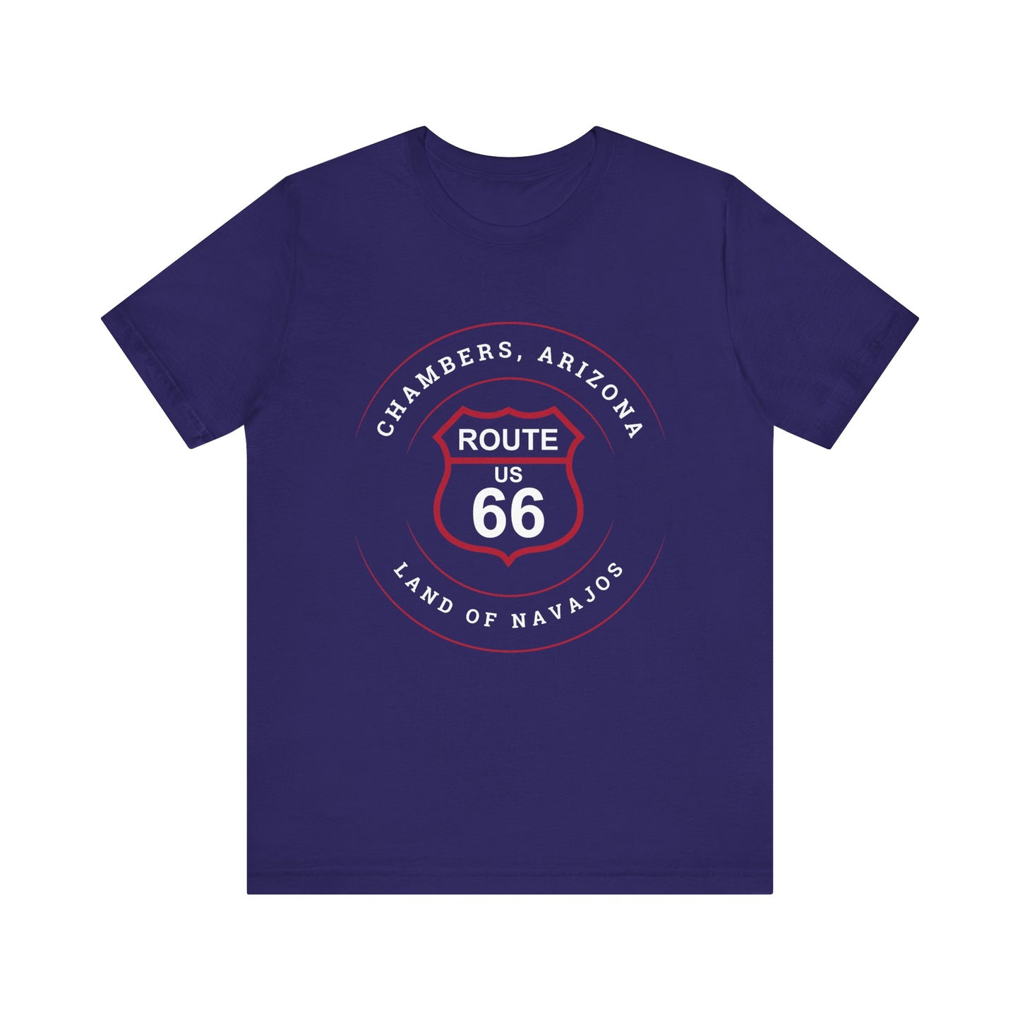 Team navy retro Route 66 unisex jersey tee with Chambers, AZ: "Land Of Navajos" design