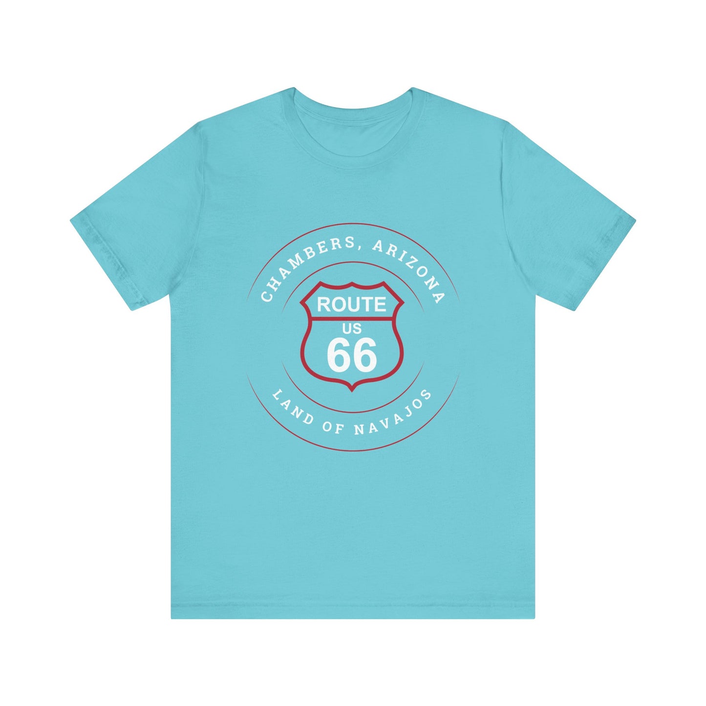 Turquoise retro Route 66 unisex jersey tee with Chambers, AZ: "Land Of Navajos" design