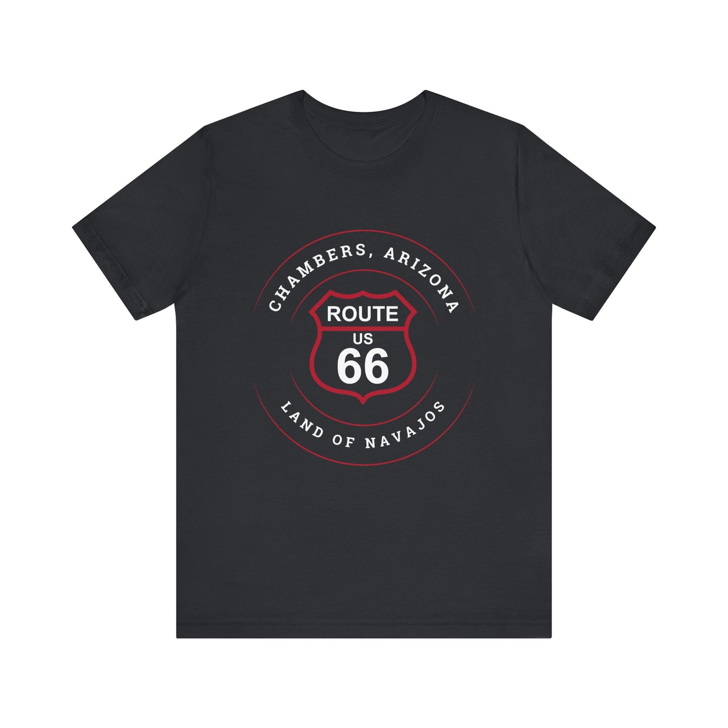 Vintage black retro Route 66 unisex jersey tee with Chambers, AZ: "Land Of Navajos" design