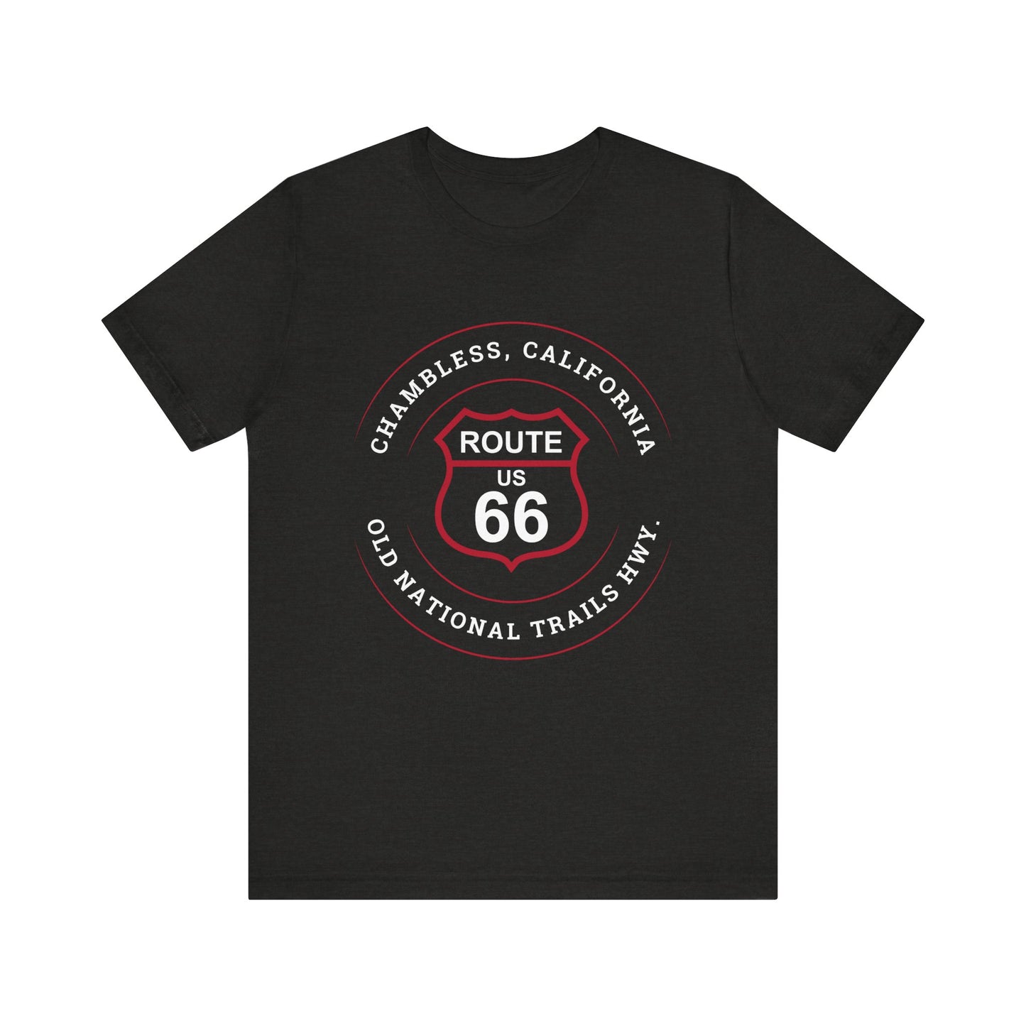 Black heather retro Route 66 unisex jersey tee with Chambless, CA: "Old National Trails Hwy" design