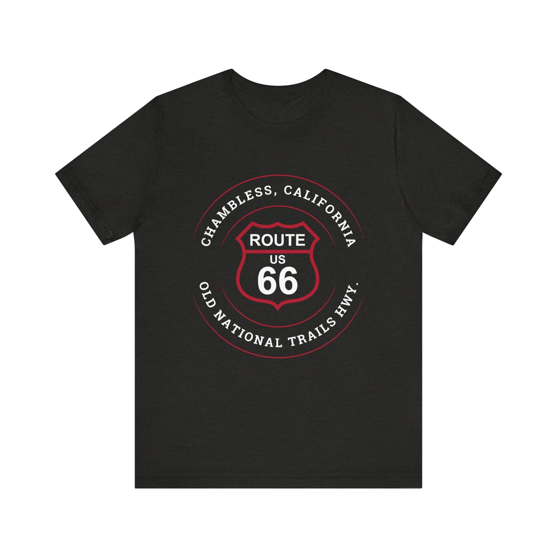 Black heather retro Route 66 unisex jersey tee with Chambless, CA: "Old National Trails Hwy" design