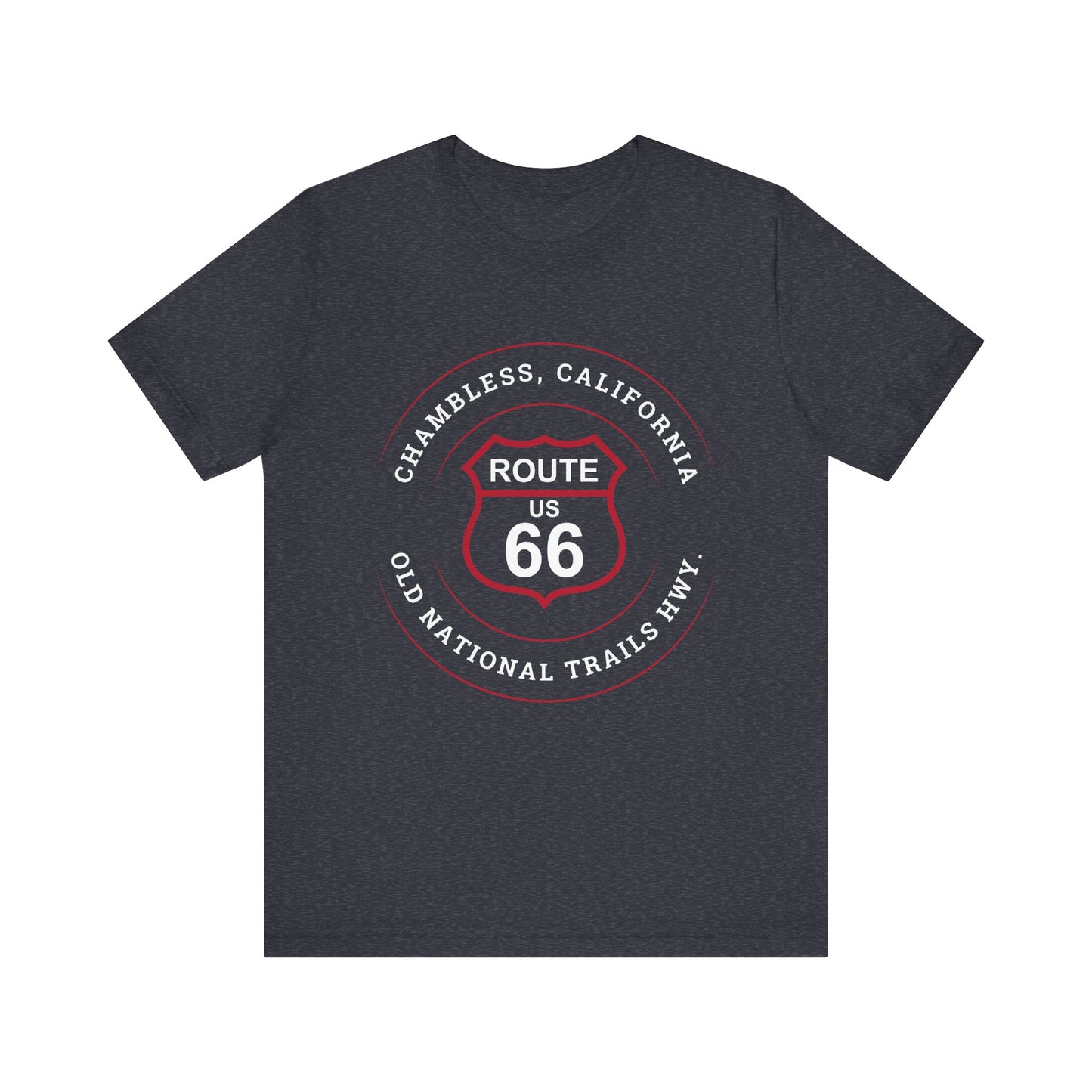 Heather navy retro Route 66 unisex jersey tee with Chambless, CA: "Old National Trails Hwy" design