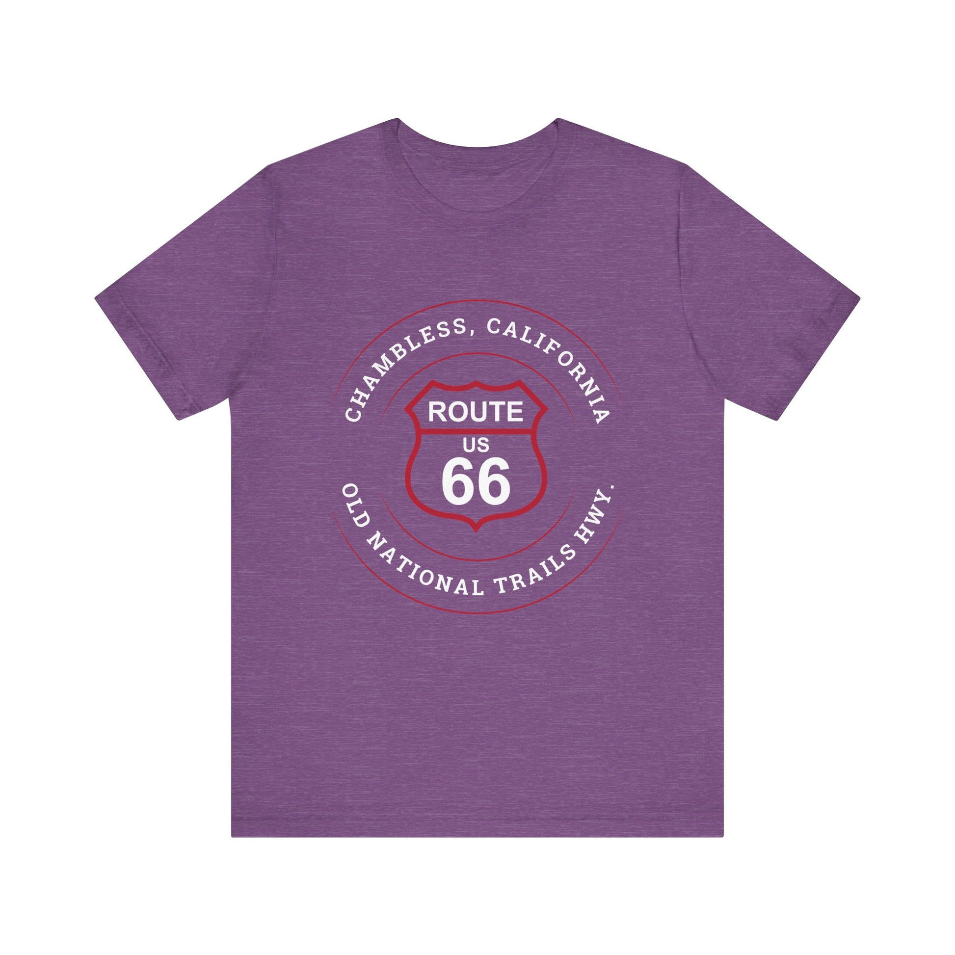 Heather team purple retro Route 66 unisex jersey tee with Chambless, CA: "Old National Trails Hwy" design