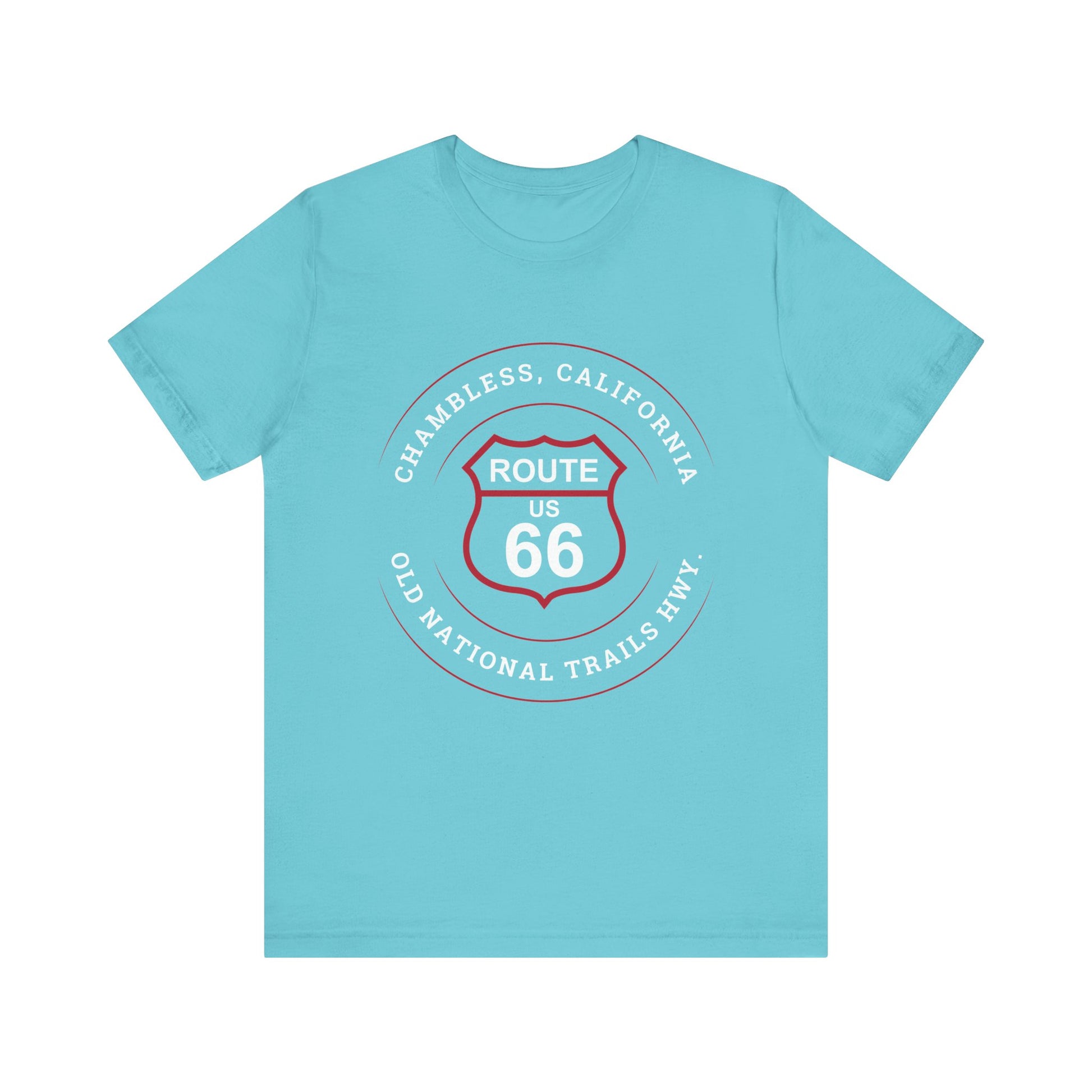 Turquoise retro Route 66 unisex jersey tee with Chambless, CA: "Old National Trails Hwy" design