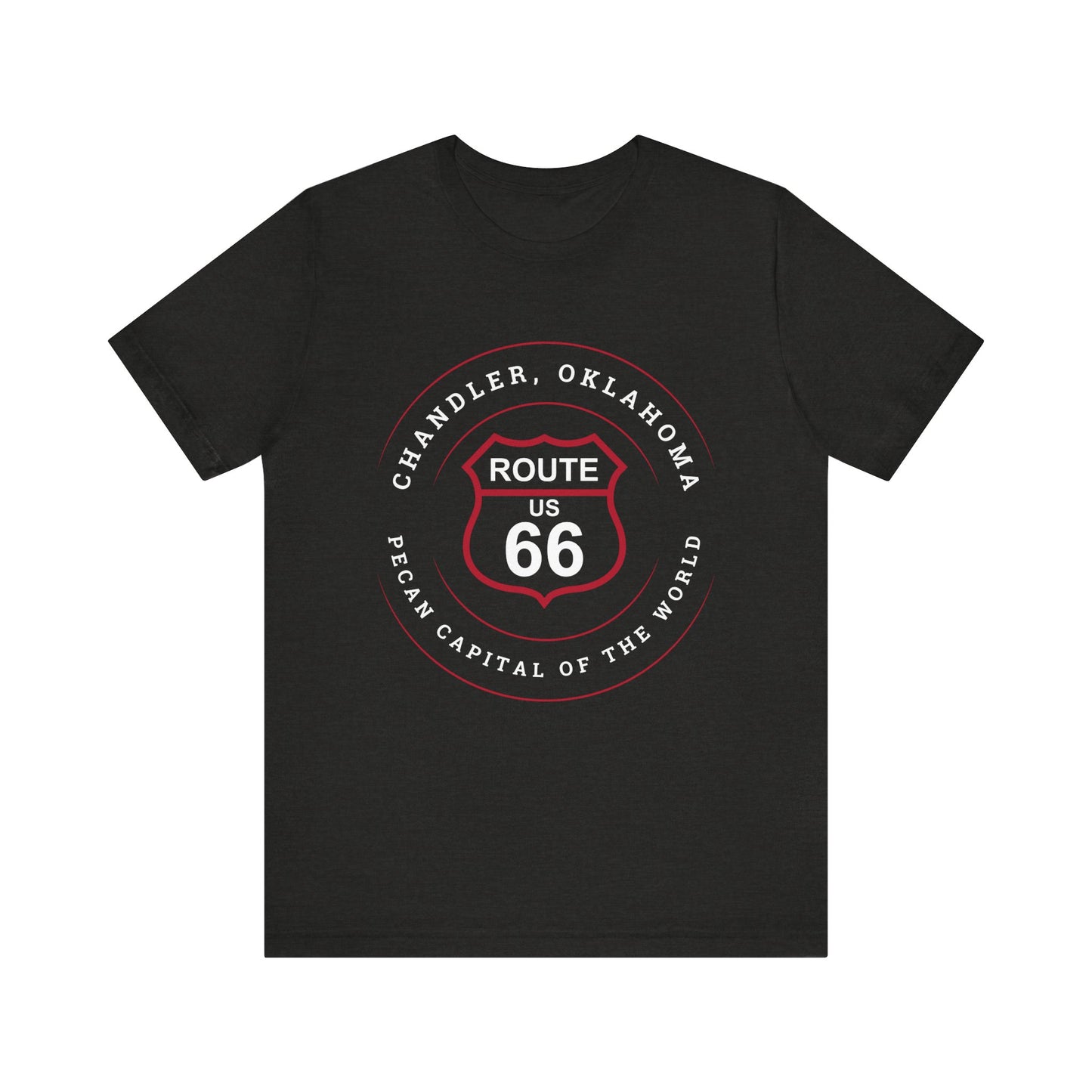 Black heather retro Route 66 unisex jersey tee with Chandler, OK "Pecan Capital of the World" design
