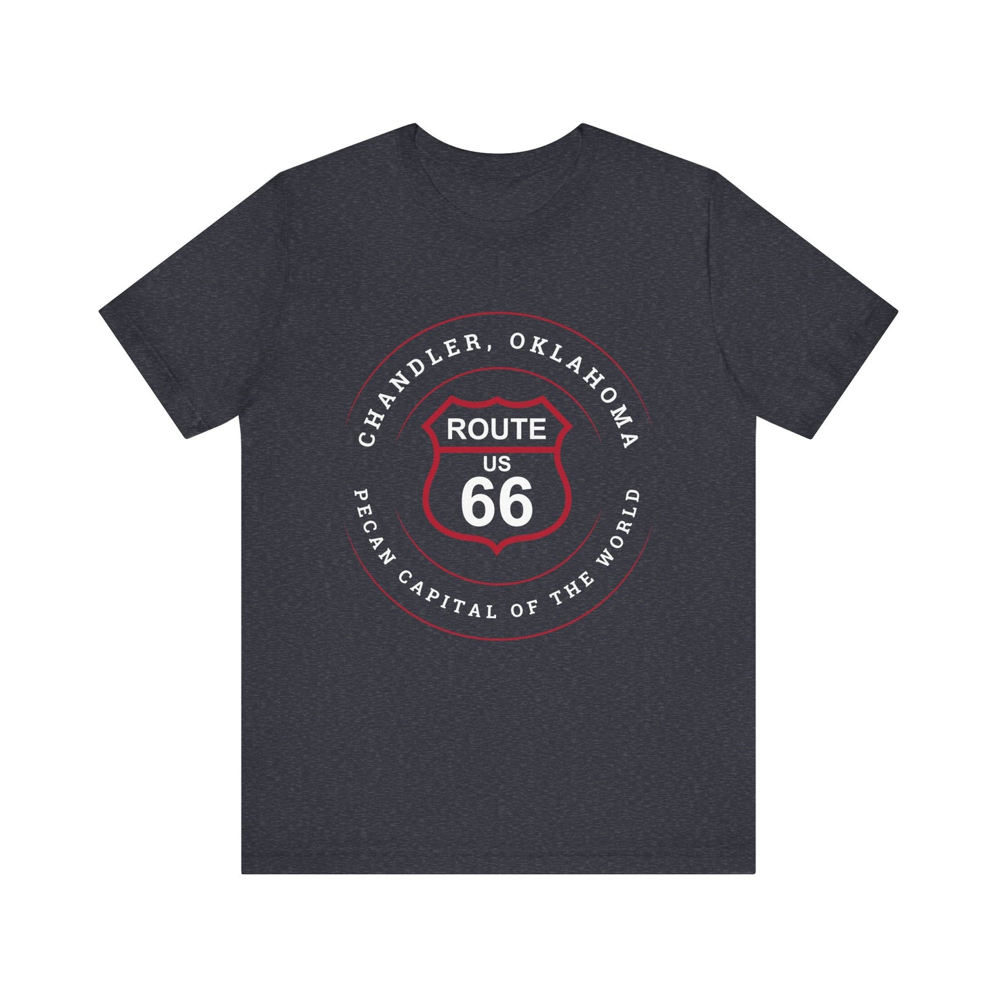 Heather navy retro Route 66 unisex jersey tee with Chandler, OK "Pecan Capital of the World" design