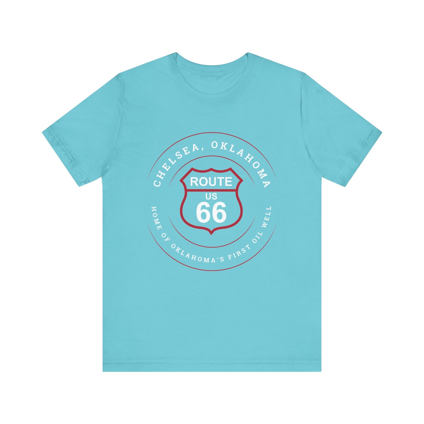 Turquoise retro Route 66 unisex jersey tee with Chelsea, OK "Home of Oklahoma’s First Oil Well" design