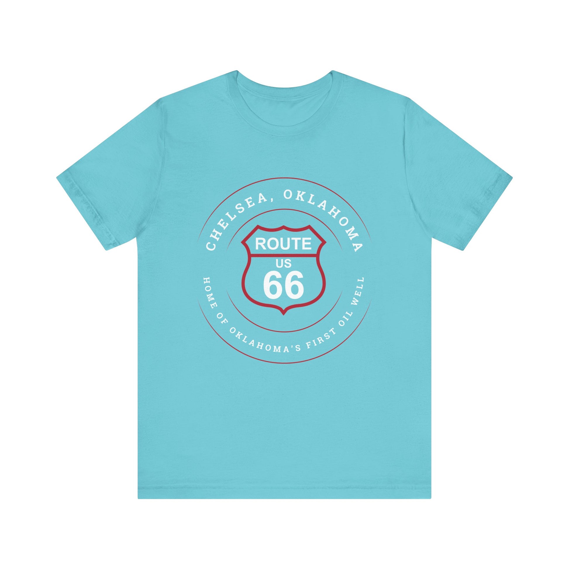 Turquoise retro Route 66 unisex jersey tee with Chelsea, OK "Home of Oklahoma’s First Oil Well" design