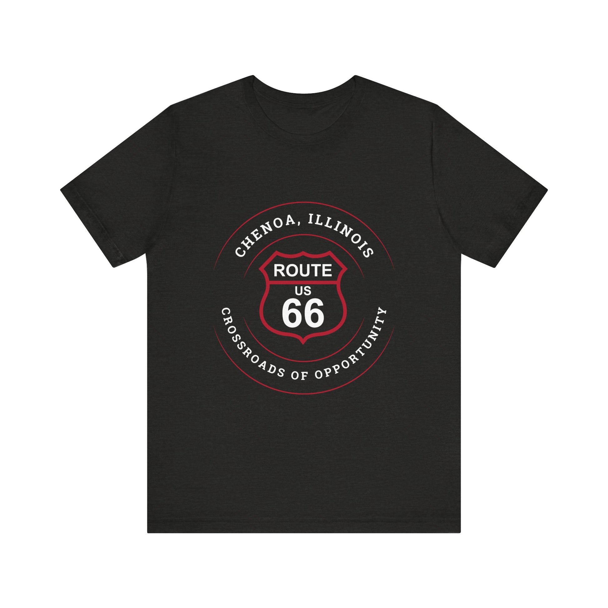 Black heather retro Route 66 unisex jersey tee with Chenoa, IL: "Crossroads of Opportunity" design