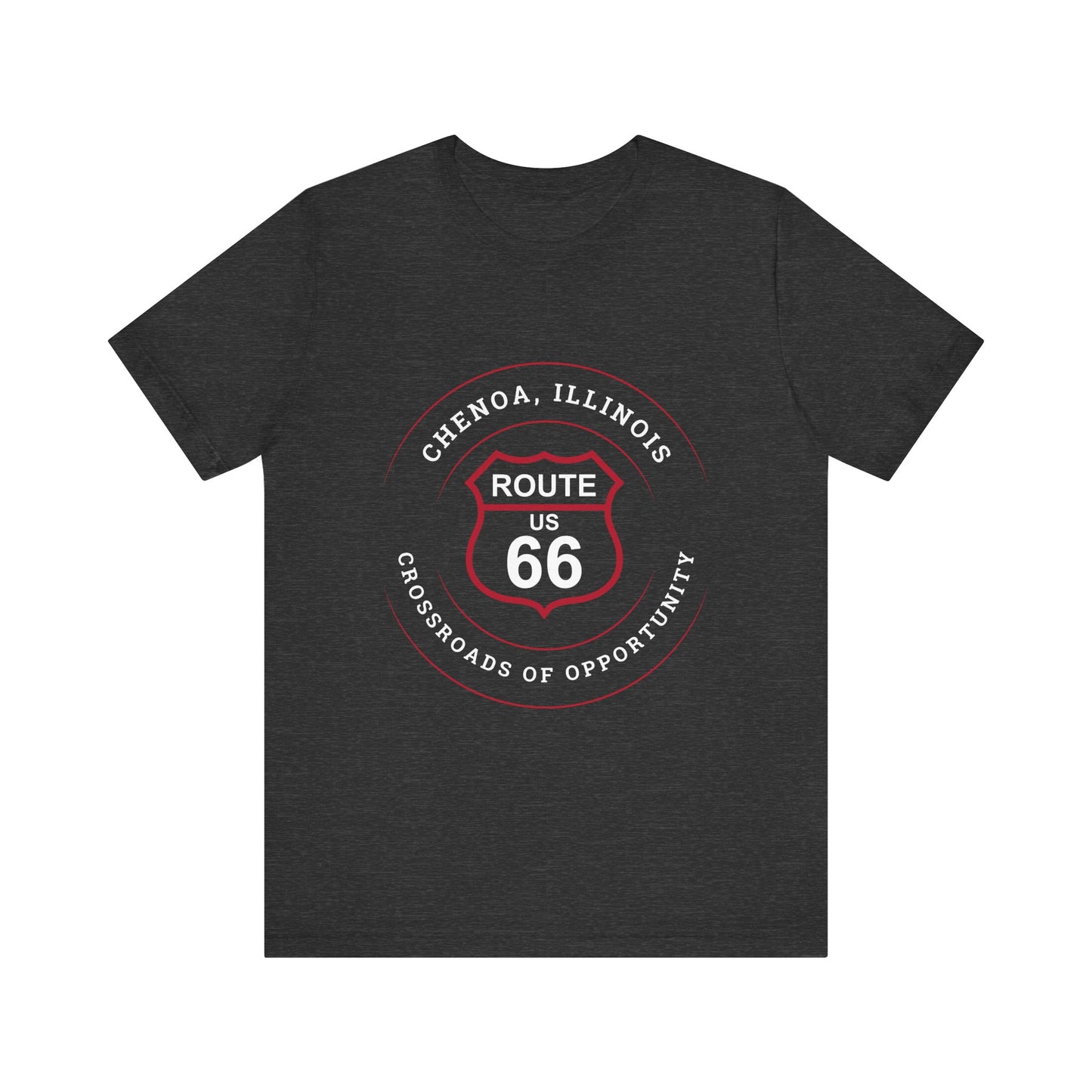 Dark grey heather retro Route 66 unisex jersey tee with Chenoa, IL: "Crossroads of Opportunity" design