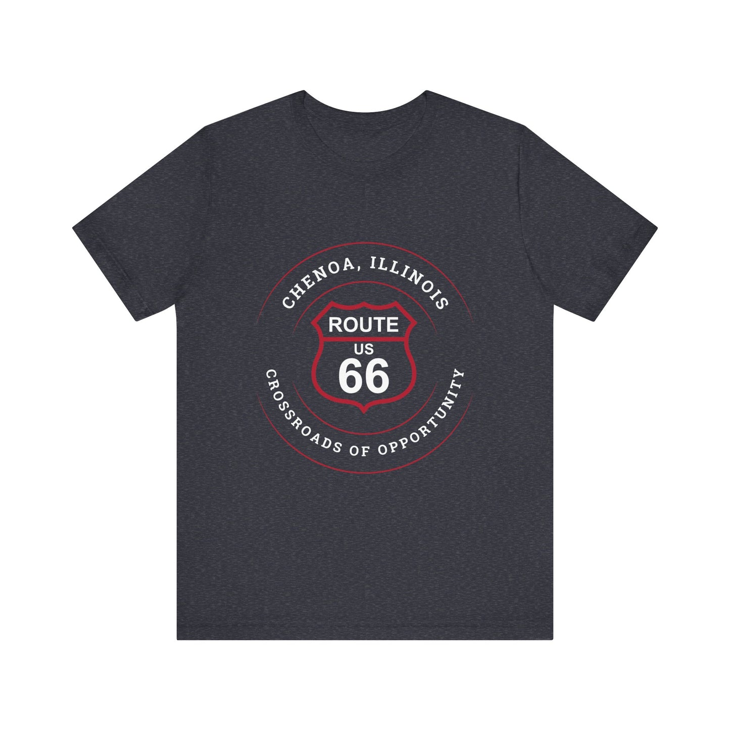 Heather navy retro Route 66 unisex jersey tee with Chenoa, IL: "Crossroads of Opportunity" design