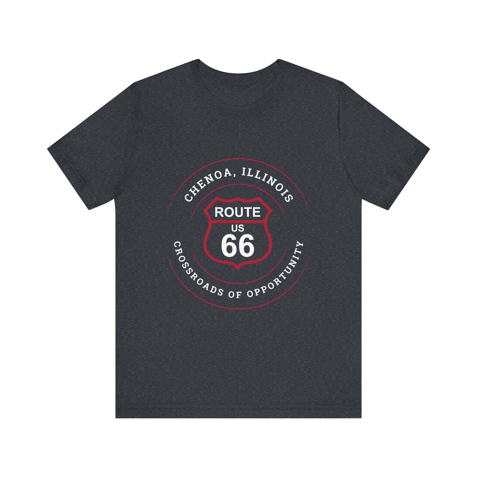 Heather navy retro Route 66 unisex jersey tee with Chenoa, IL: "Crossroads of Opportunity" design