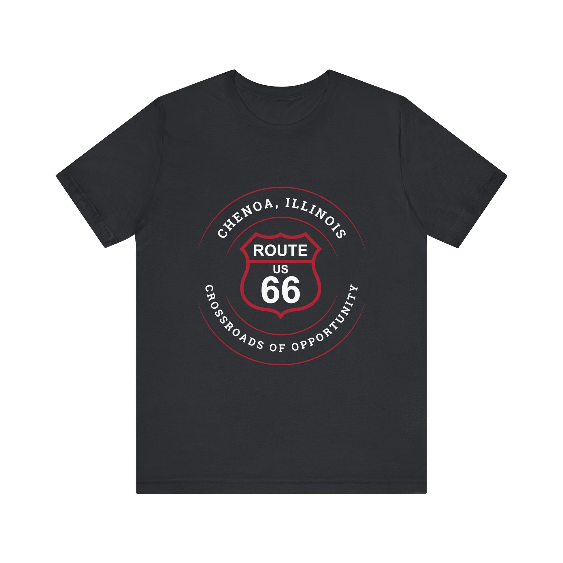 Vintage black retro Route 66 unisex jersey tee with Chenoa, IL: "Crossroads of Opportunity" design