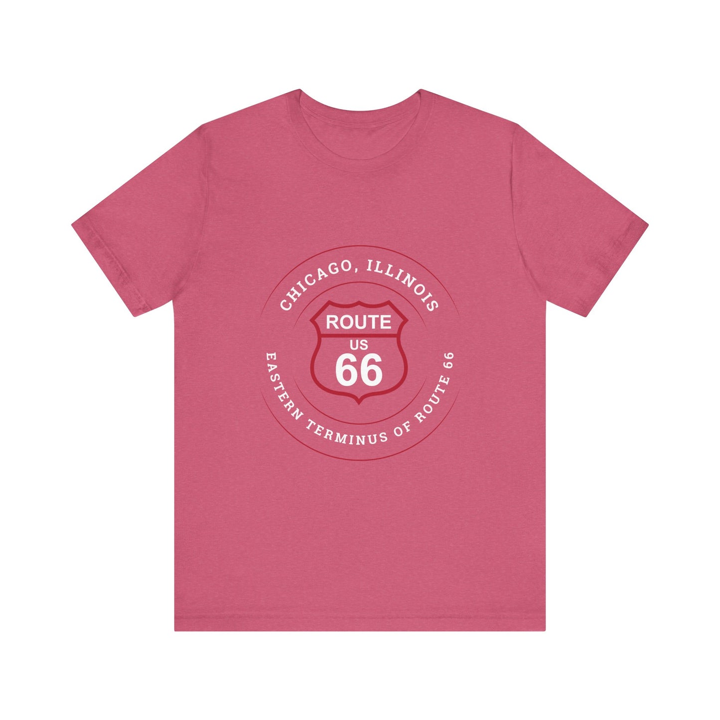 Heather raspberry retro Route 66 unisex jersey tee with Chicago, IL:: "Eastern Terminus of Route 66" design
