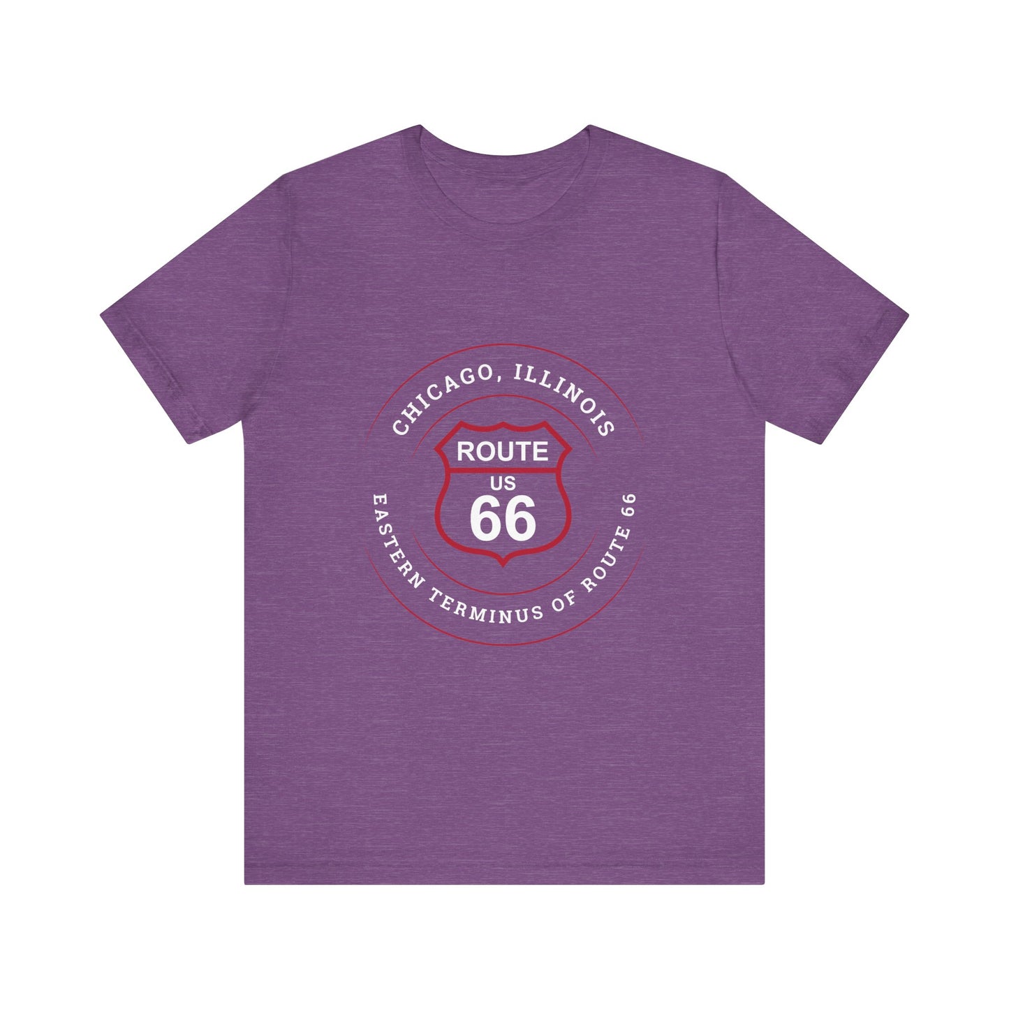 Heather team purple retro Route 66 unisex jersey tee with Chicago, IL:: "Eastern Terminus of Route 66" design