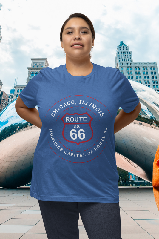 Female model wearing a heather true royal retro Route 66 unisex jersey tee with a Chicago, IL:: "Eastern Terminus of Route 66" design