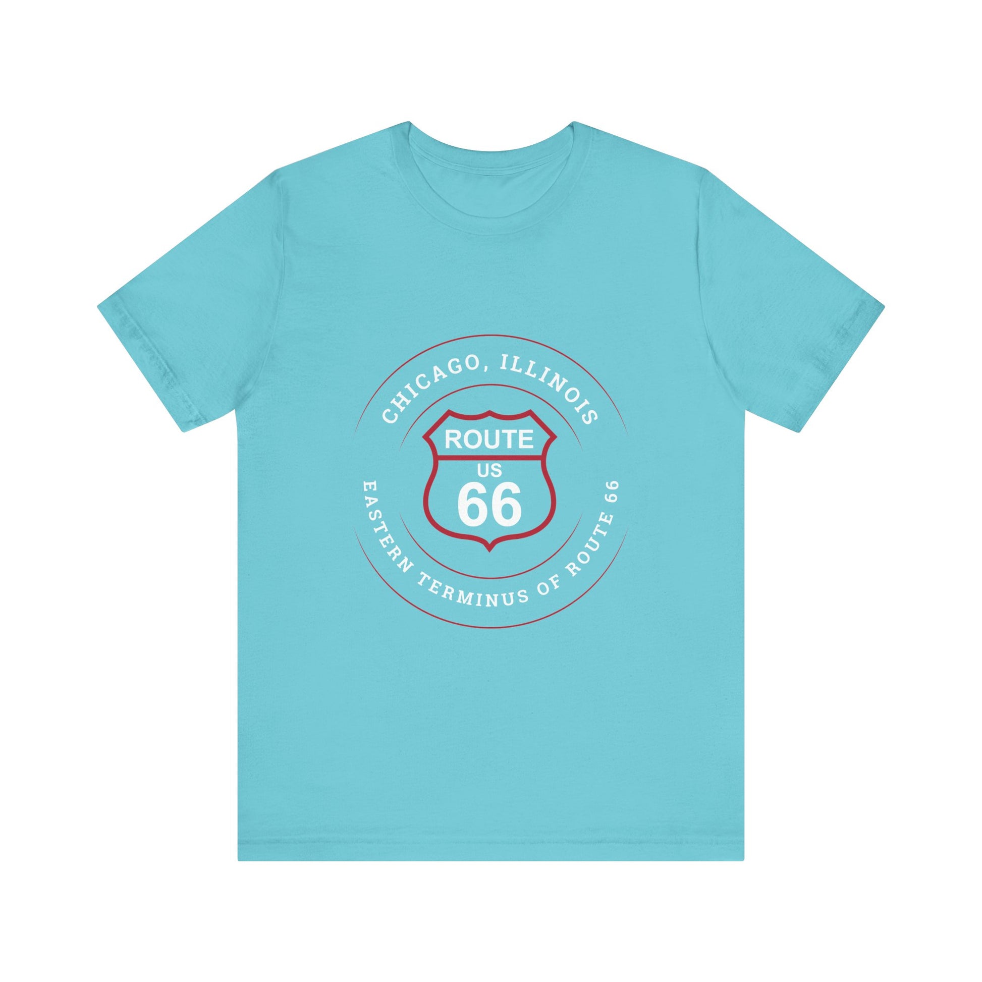 Turquoise retro Route 66 unisex jersey tee with Chicago, IL:: "Eastern Terminus of Route 66" design