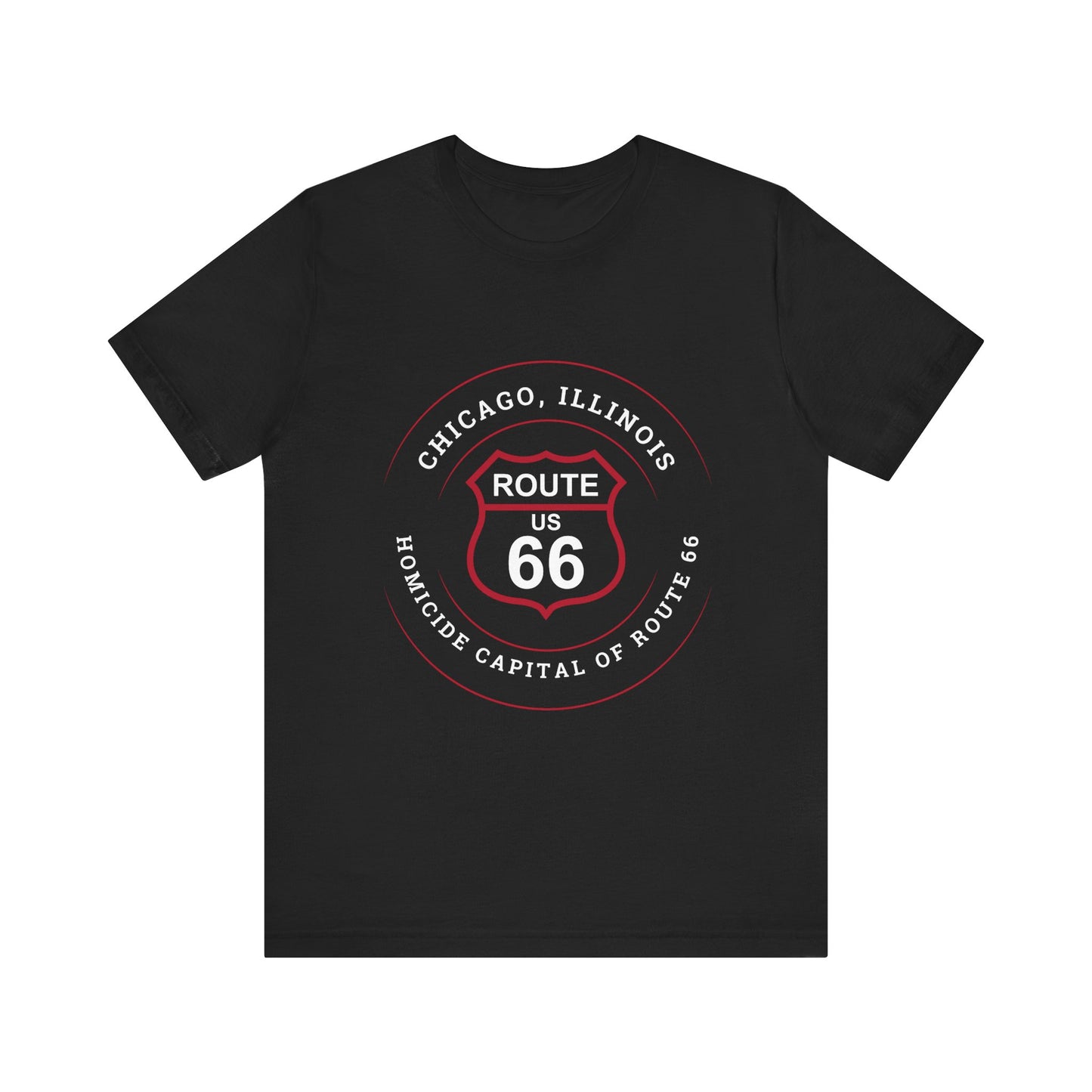 Black retro Route 66 unisex jersey tee with Chicago, IL:: "Homicide Capital of Route 66" design