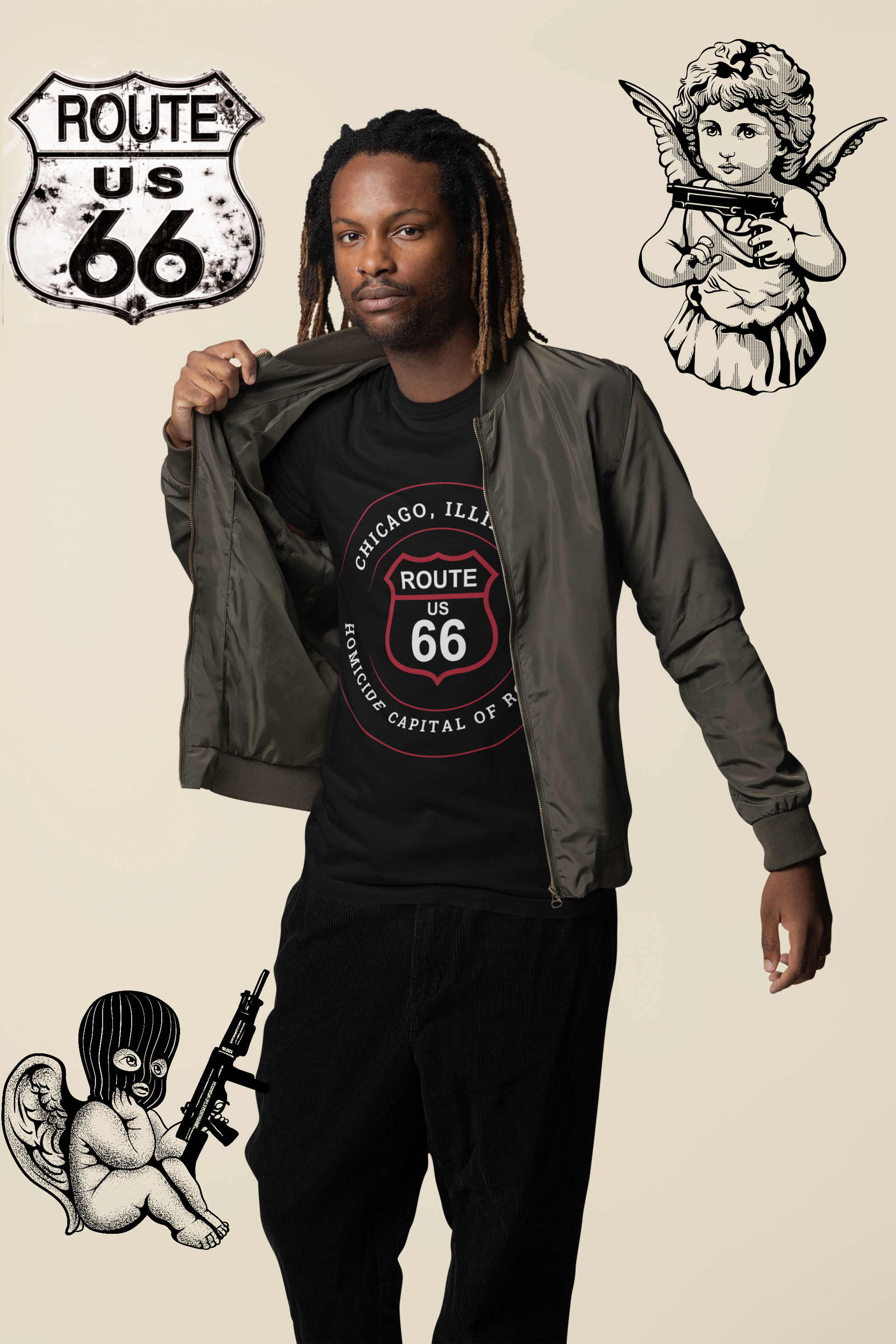 Male model wearing a black retro Route 66 unisex jersey tee with a Chicago, IL:: "Homicide Capital of Route 66" design. here are three gritty graphics in the background including a Route 66 sign