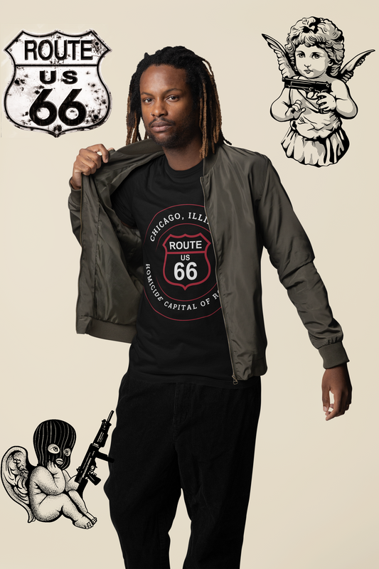 Male model wearing a black retro Route 66 unisex jersey tee with a Chicago, IL:: "Homicide Capital of Route 66" design. here are three gritty graphics in the background including a Route 66 sign