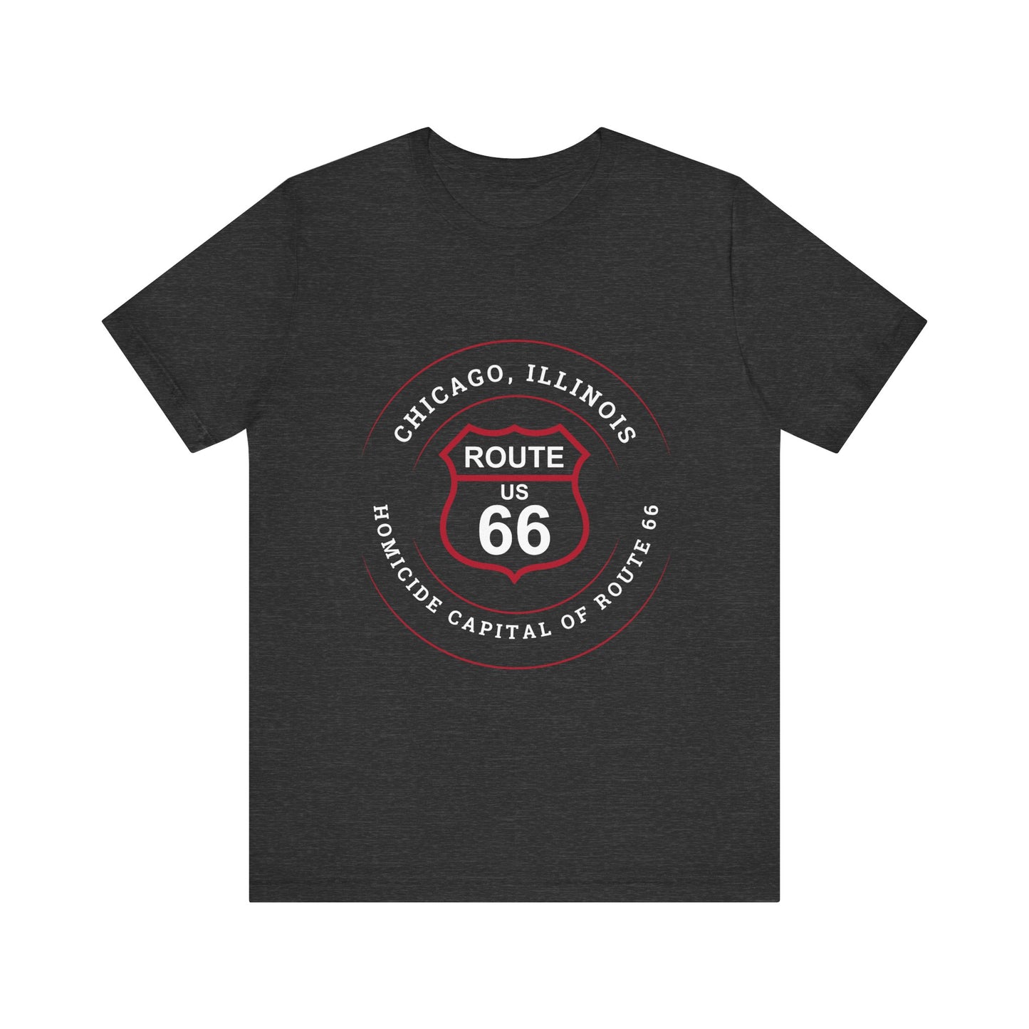 Dark grey heather retro Route 66 unisex jersey tee with Chicago, IL:: "Homicide Capital of Route 66" design