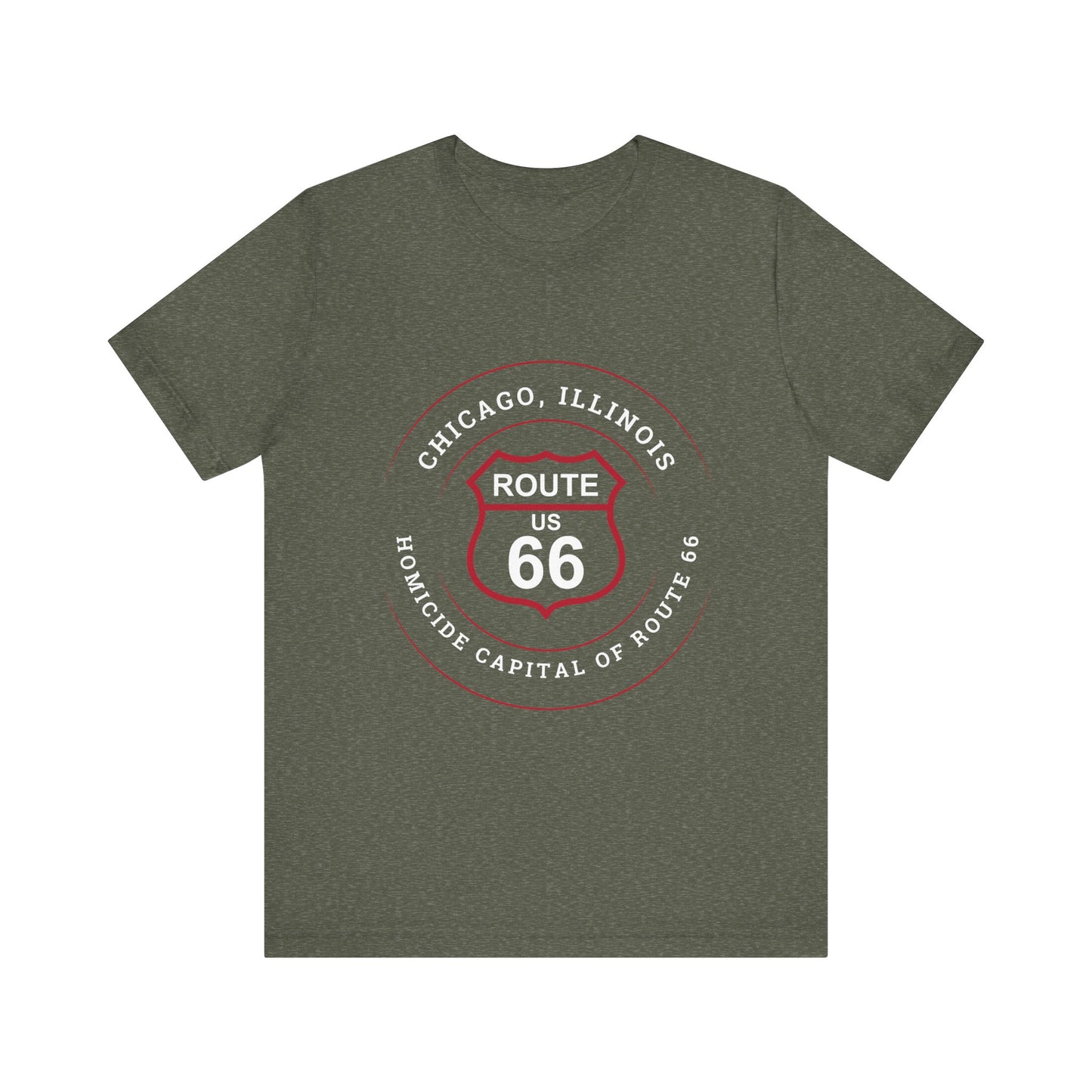 Heather military green retro Route 66 unisex jersey tee with Chicago, IL:: "Homicide Capital of Route 66" design