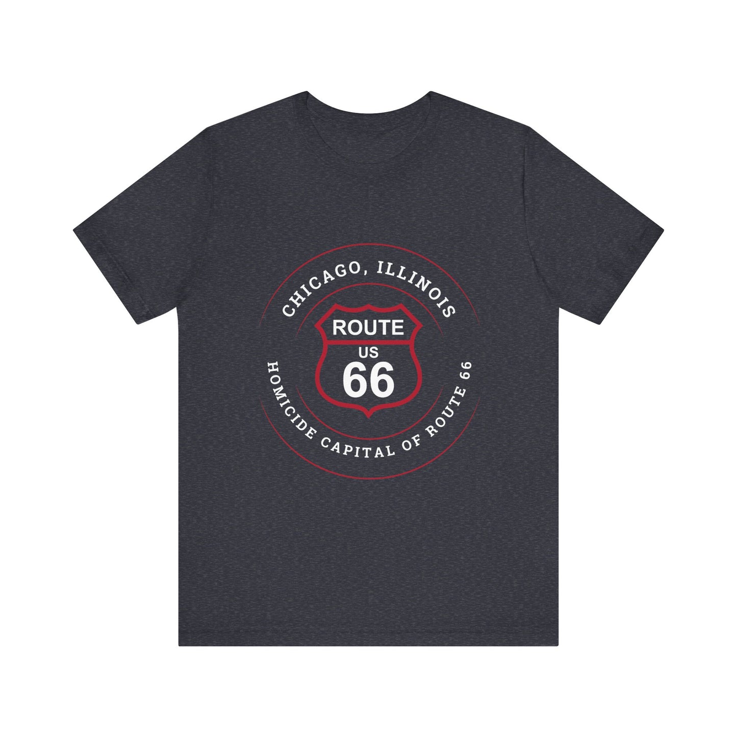 Heather navy retro Route 66 unisex jersey tee with Chicago, IL:: "Homicide Capital of Route 66" design
