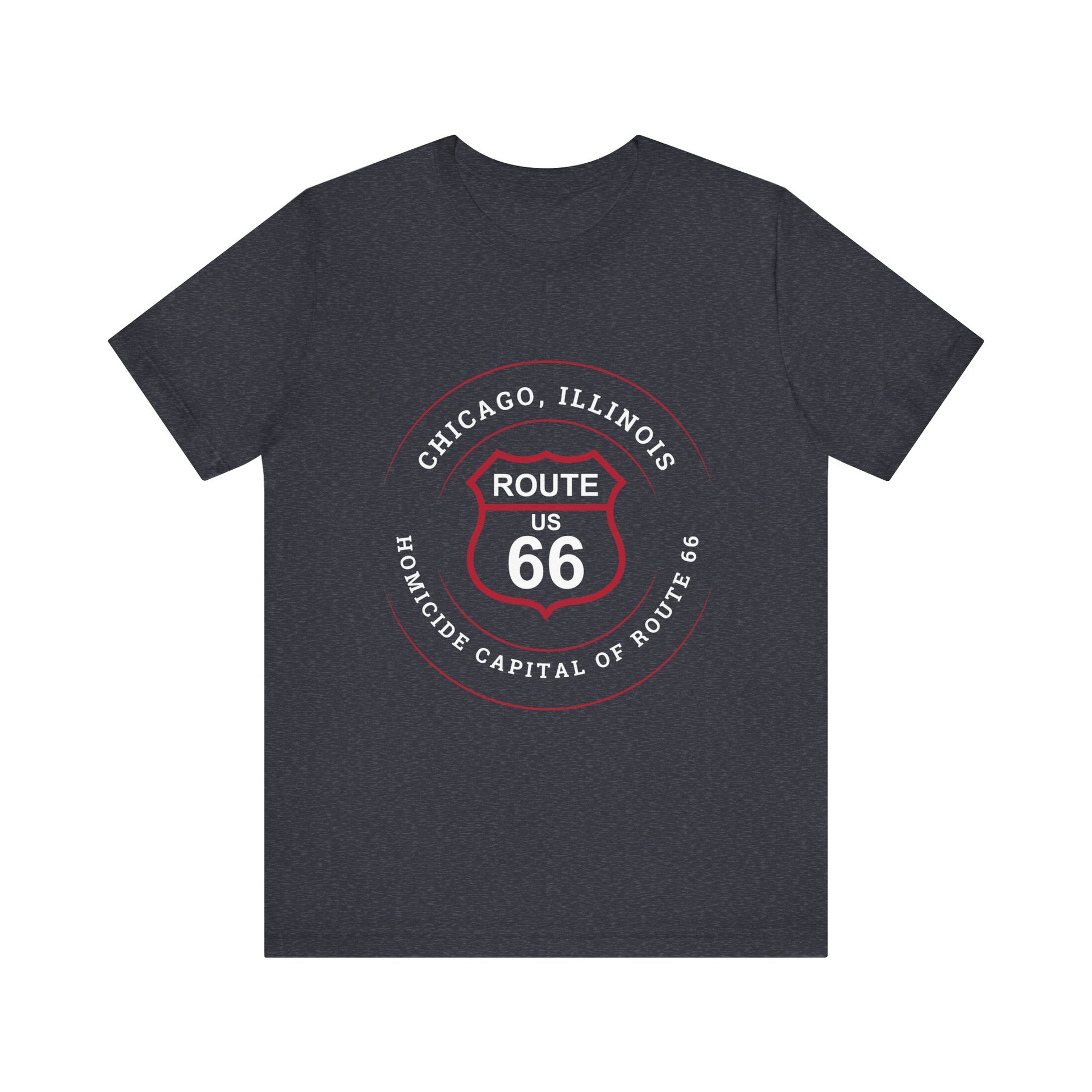 Heather navy retro Route 66 unisex jersey tee with Chicago, IL:: "Homicide Capital of Route 66" design