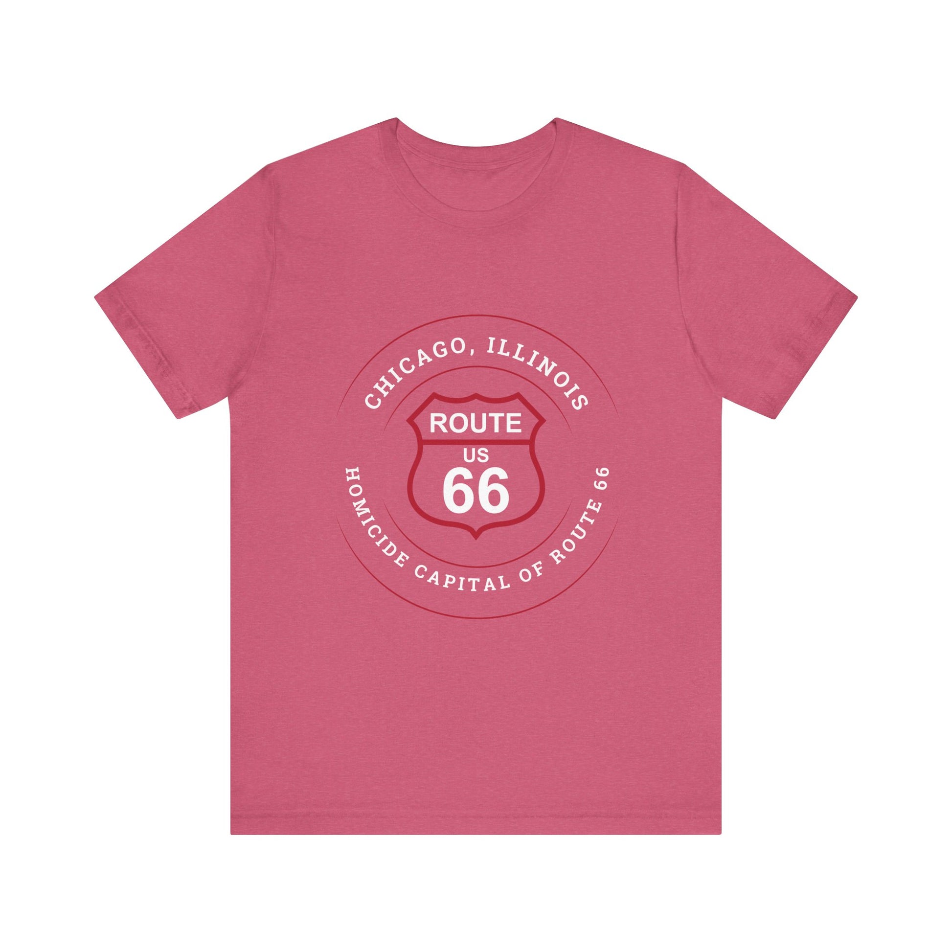 Heather raspberry retro Route 66 unisex jersey tee with Chicago, IL:: "Homicide Capital of Route 66" design