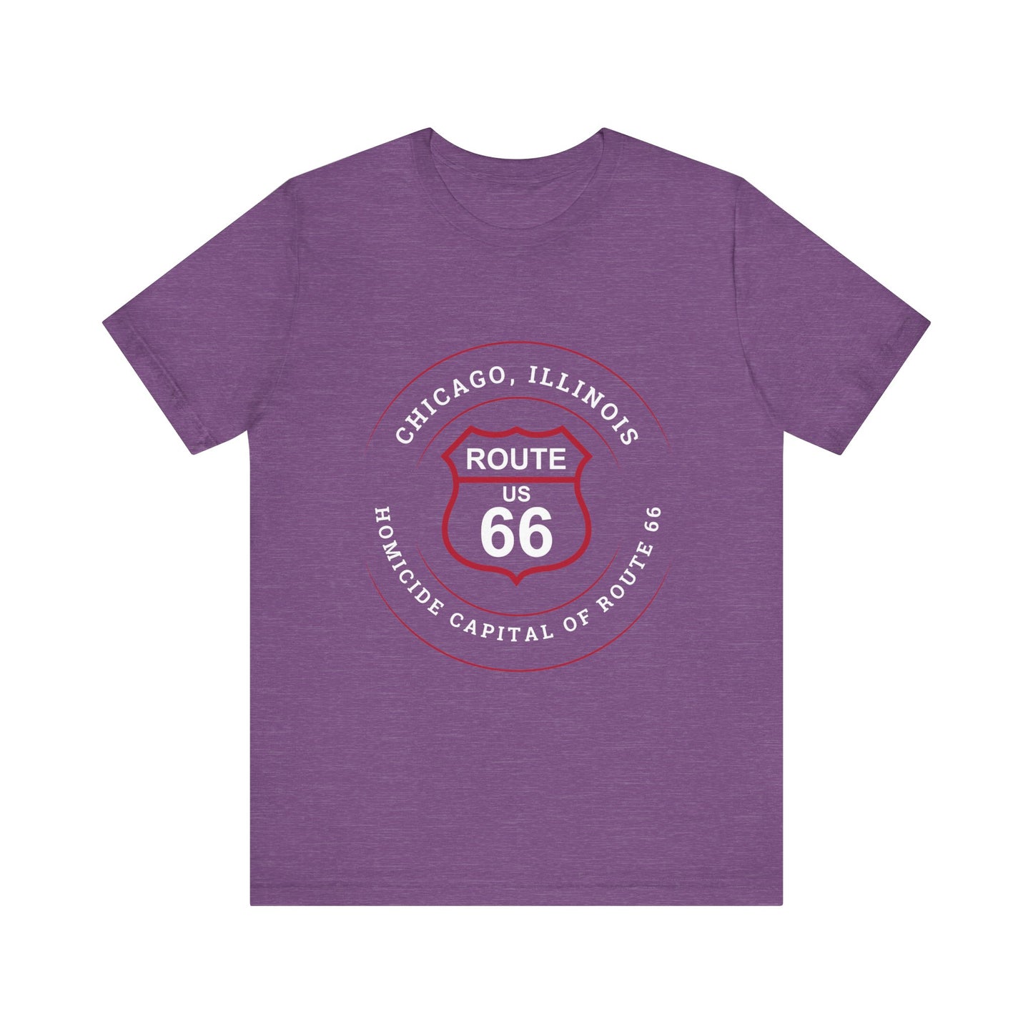 Heather team purple retro Route 66 unisex jersey tee with Chicago, IL:: "Homicide Capital of Route 66" design